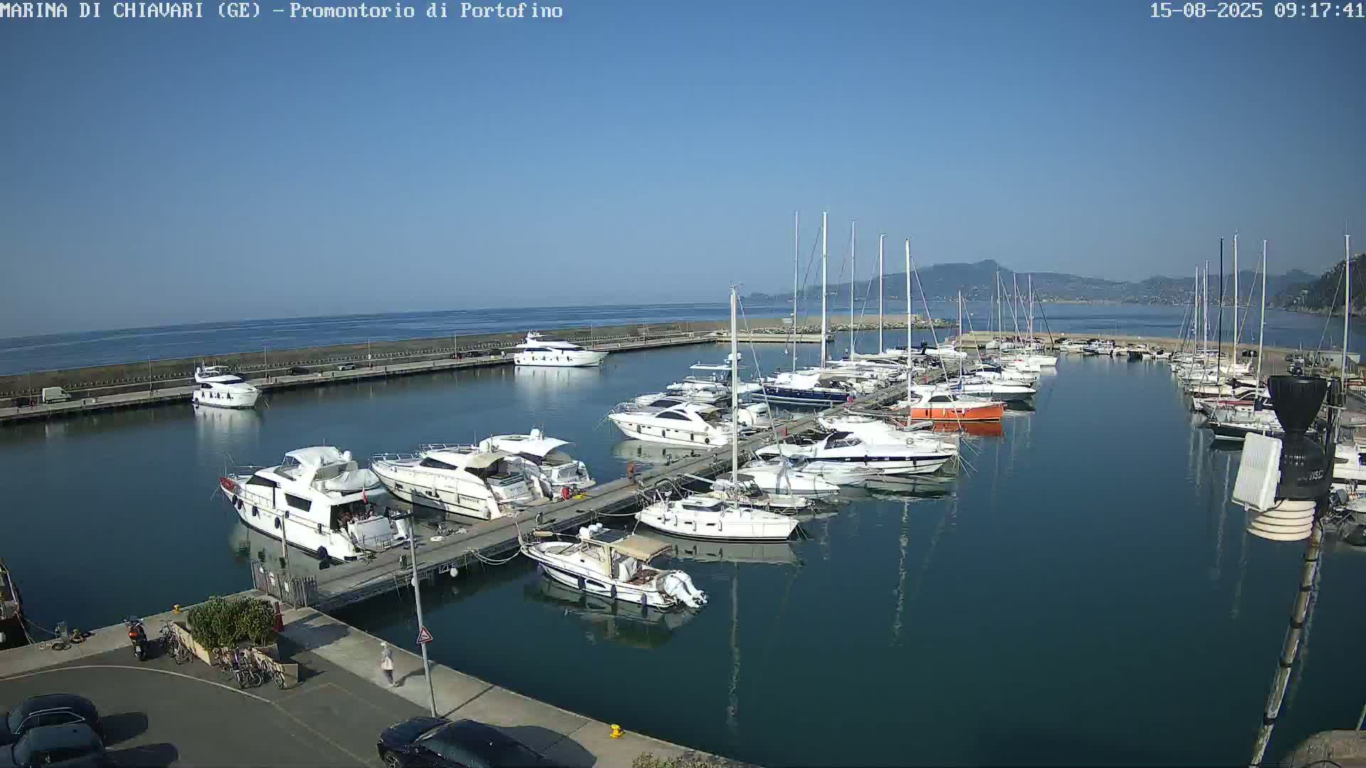 A marina filled with numerous yachts and sailboats is shown on a sunny day with calm water.