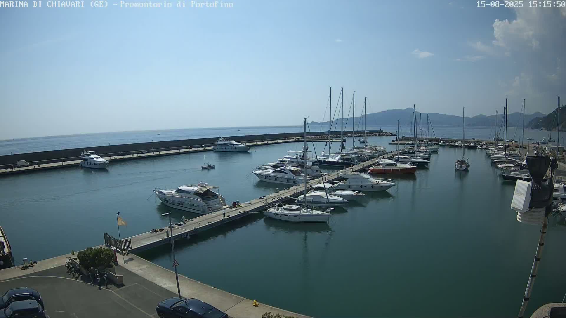 A marina filled with numerous yachts and sailboats is shown on a sunny day with calm water.