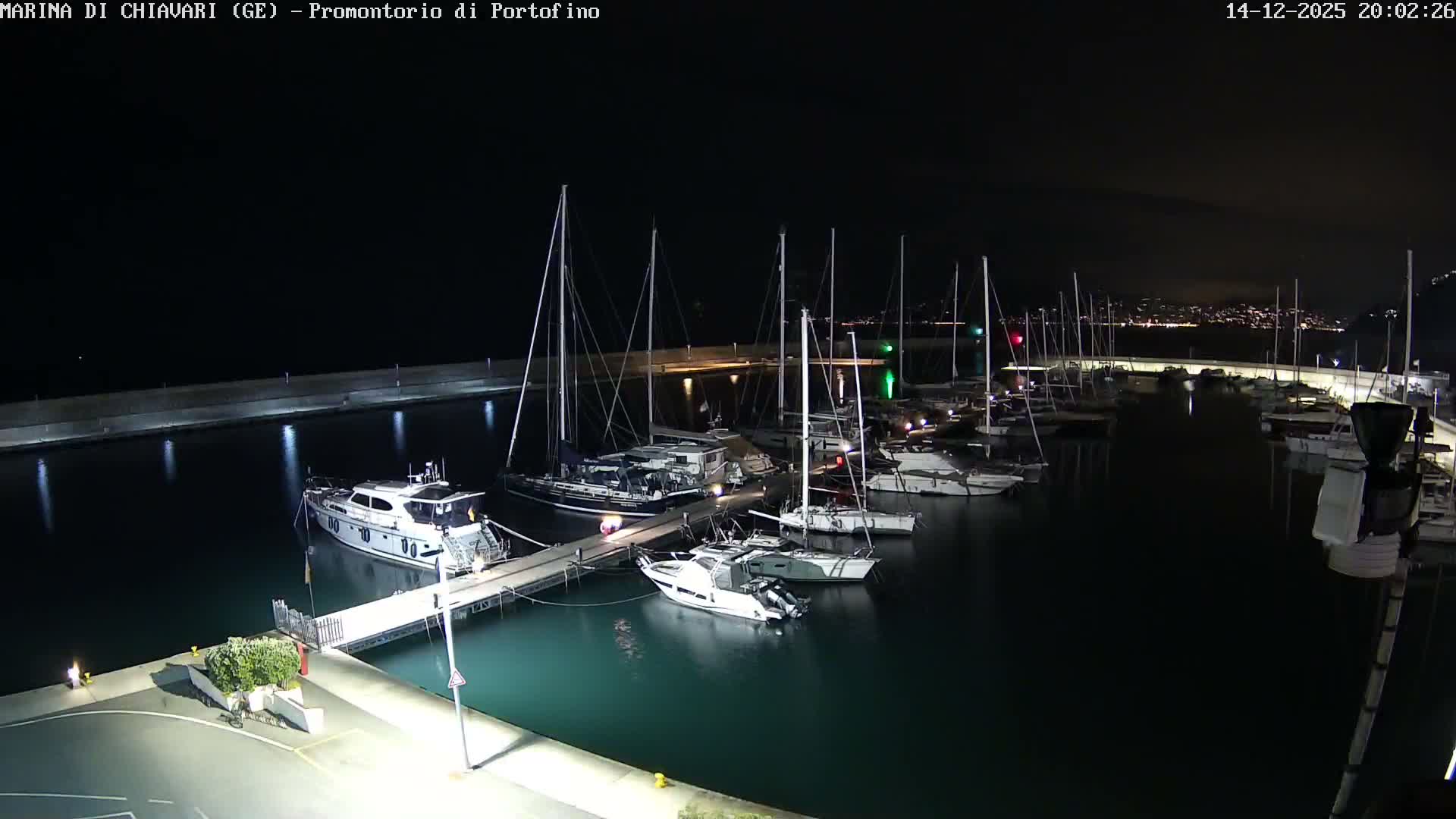 A wide view of a tranquil marina is captured on an overcast day, showcasing numerous sailboats and yachts docked along piers, with a distant coastline of mountains and a calm sea beyond a long breakwater.
