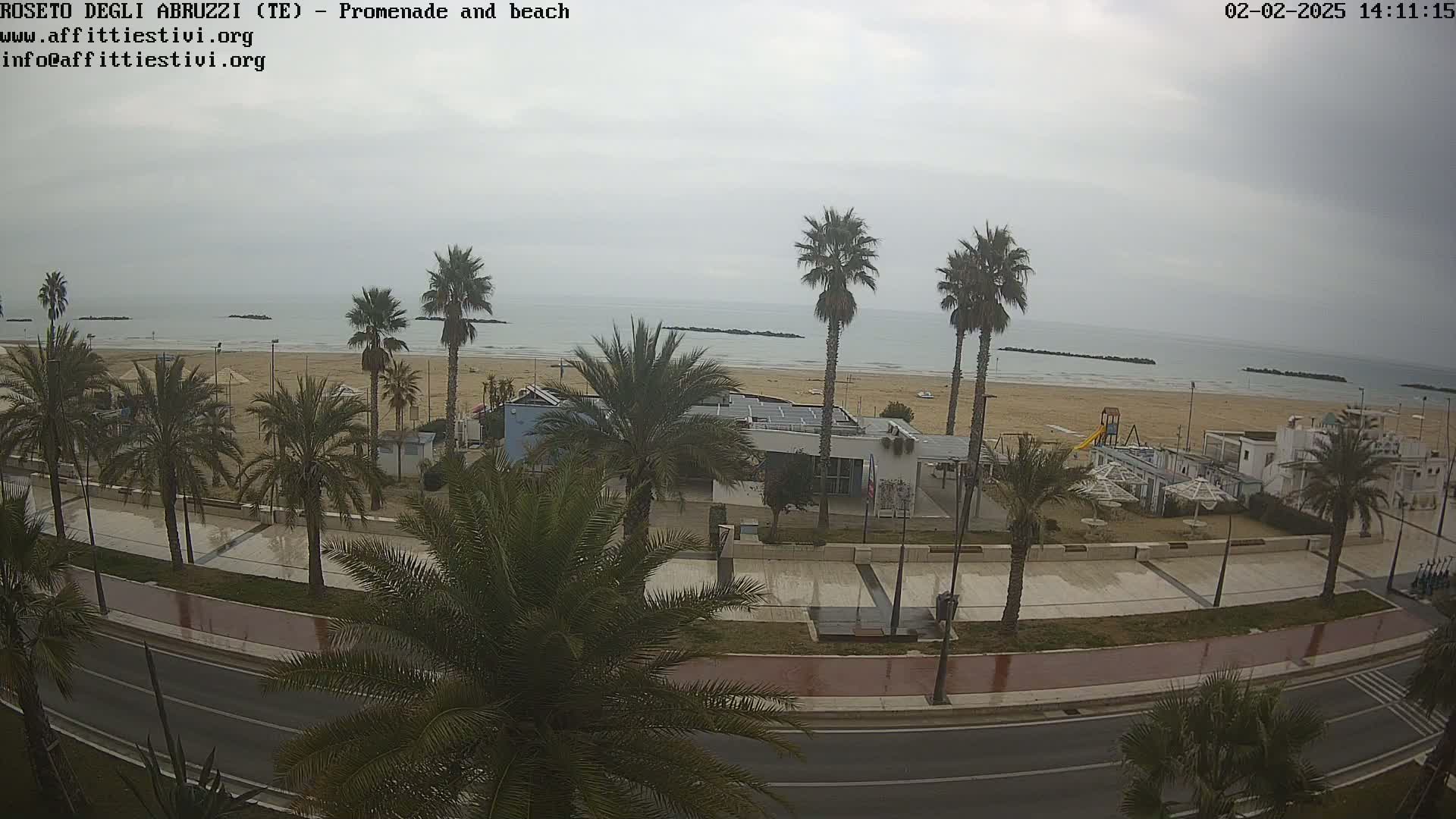 A seaside promenade with palm trees lines a road next to a sandy beach and calm, grey sea under an overcast sky.