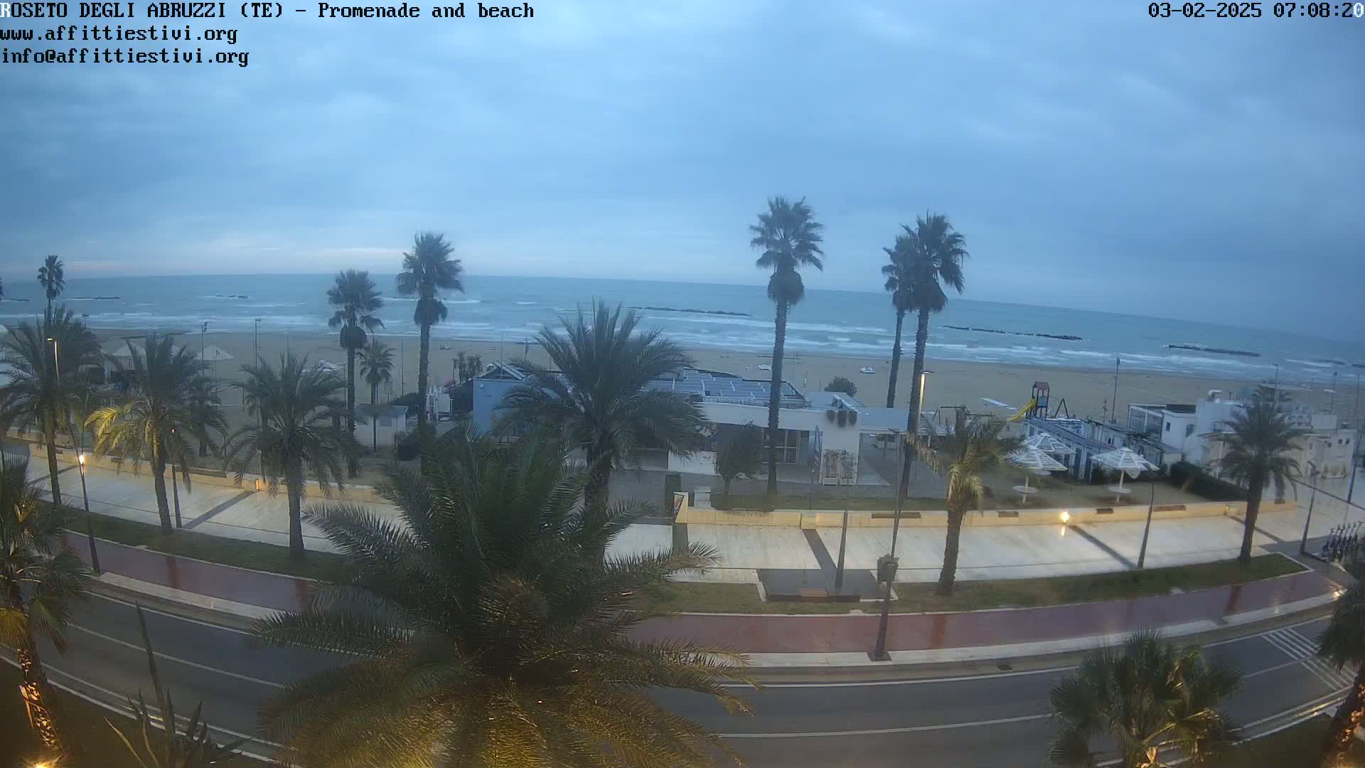 A beach with palm trees lining a paved promenade next to a road, under an overcast sky with a wavy ocean in the background.