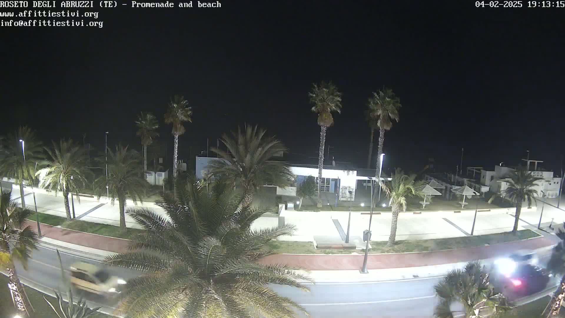 A nighttime view of a beachside promenade with palm trees lining a road, several vehicles visible on the road and in a parking area, and a building in the background.