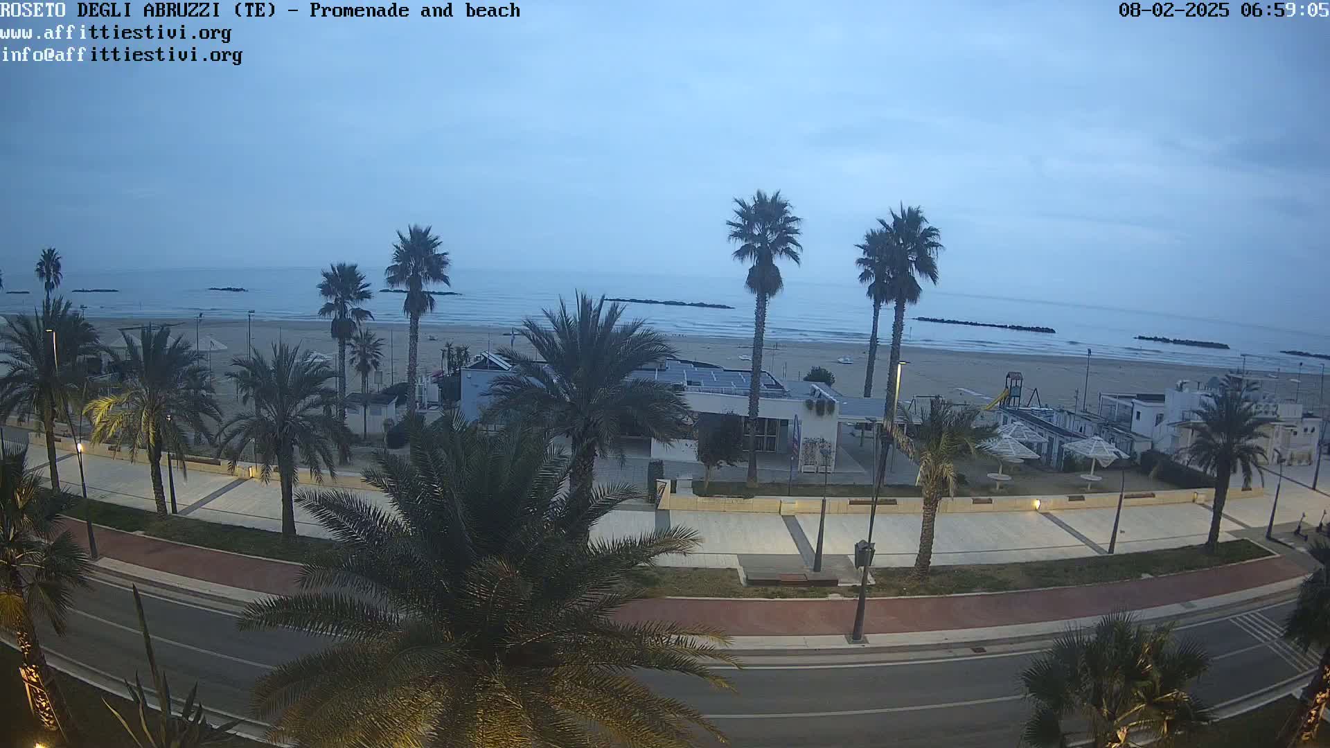 A mostly empty beach at dawn, palm trees lining a promenade next to a road.