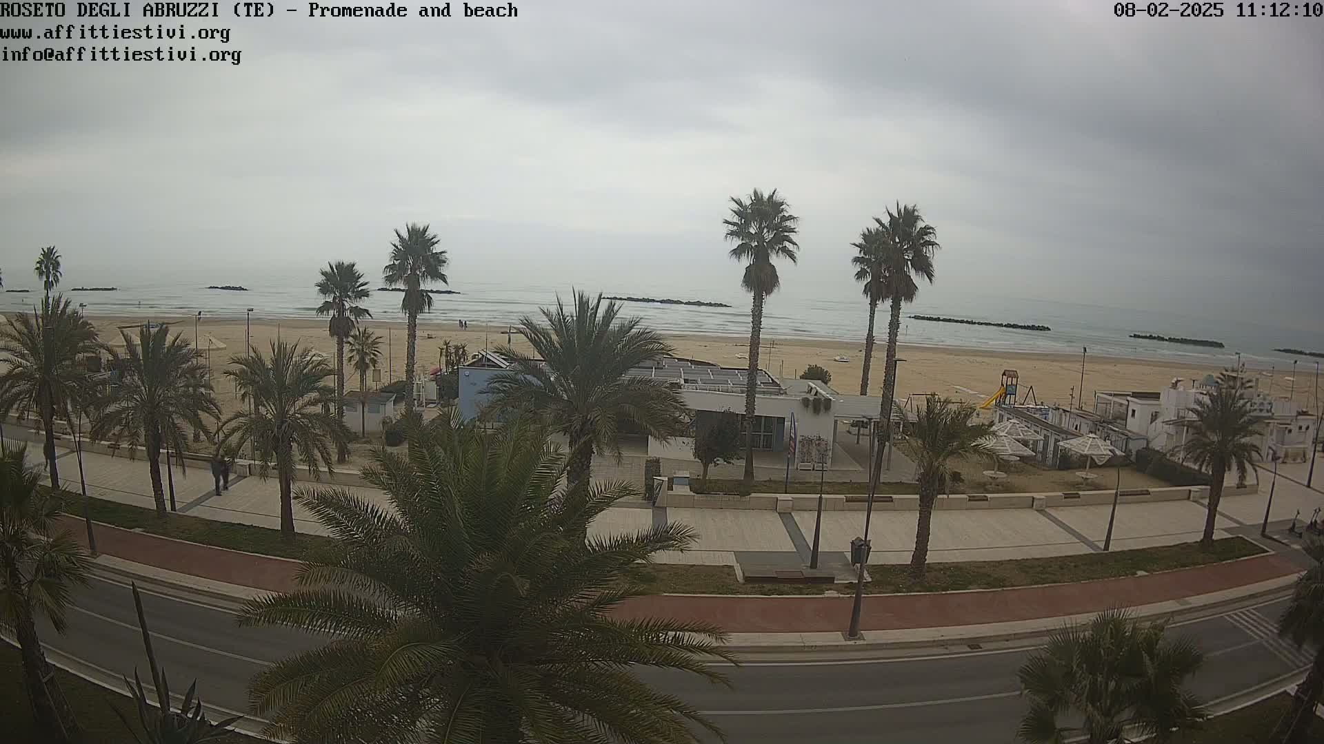 A beach scene on an overcast day shows a sandy beach, calm ocean waves, palm trees lining a paved promenade next to a road, and several beachside buildings.