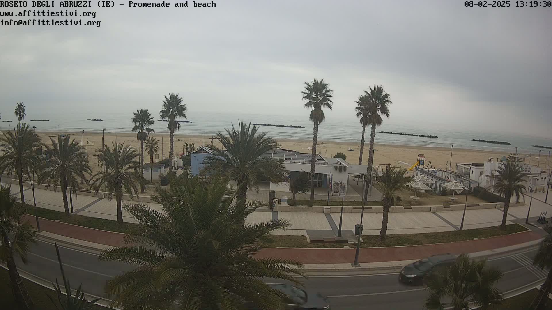 A beach with palm trees and a promenade along a calm, overcast ocean.