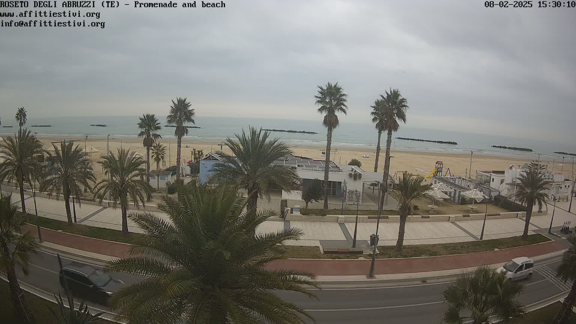 A beachfront promenade with palm trees, a road, and a mostly cloudy sky overlooks a sandy beach and calm ocean.