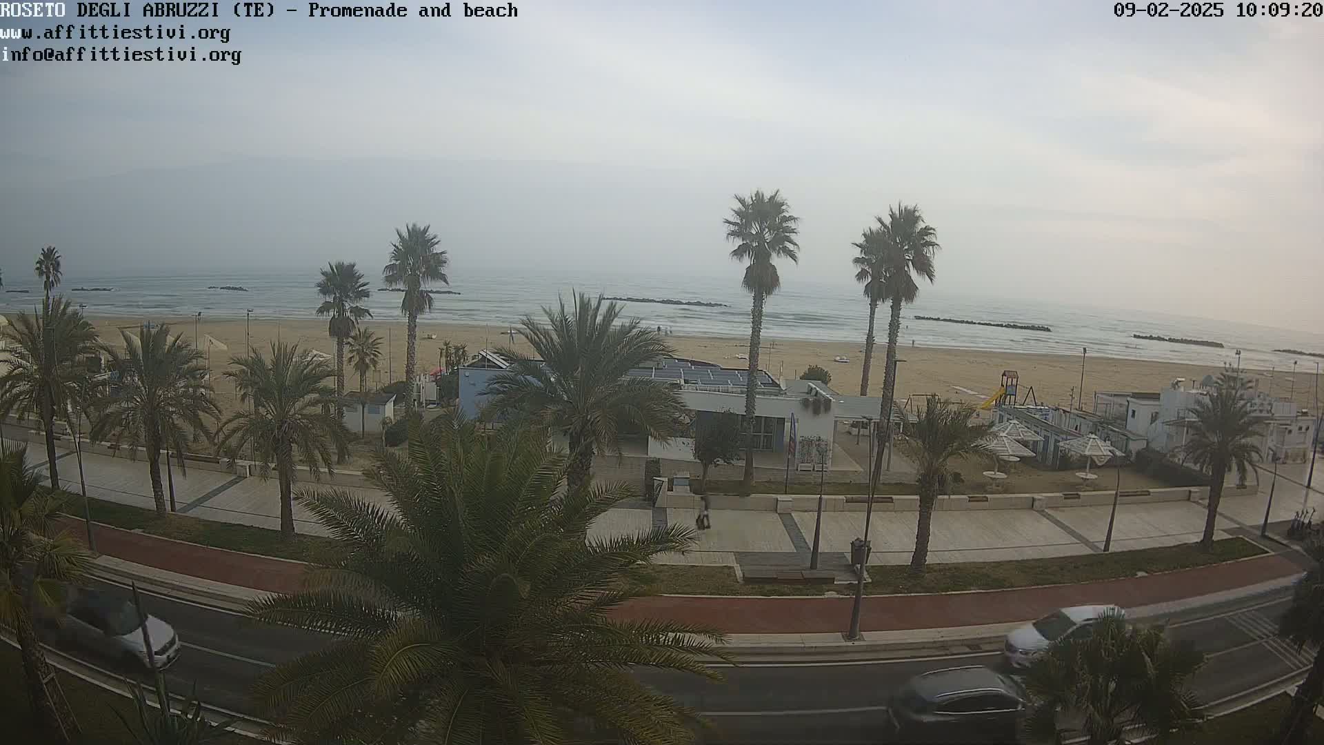 A seaside promenade with palm trees, a sandy beach, and calm, overcast weather is viewed from above, with cars driving along the road.
