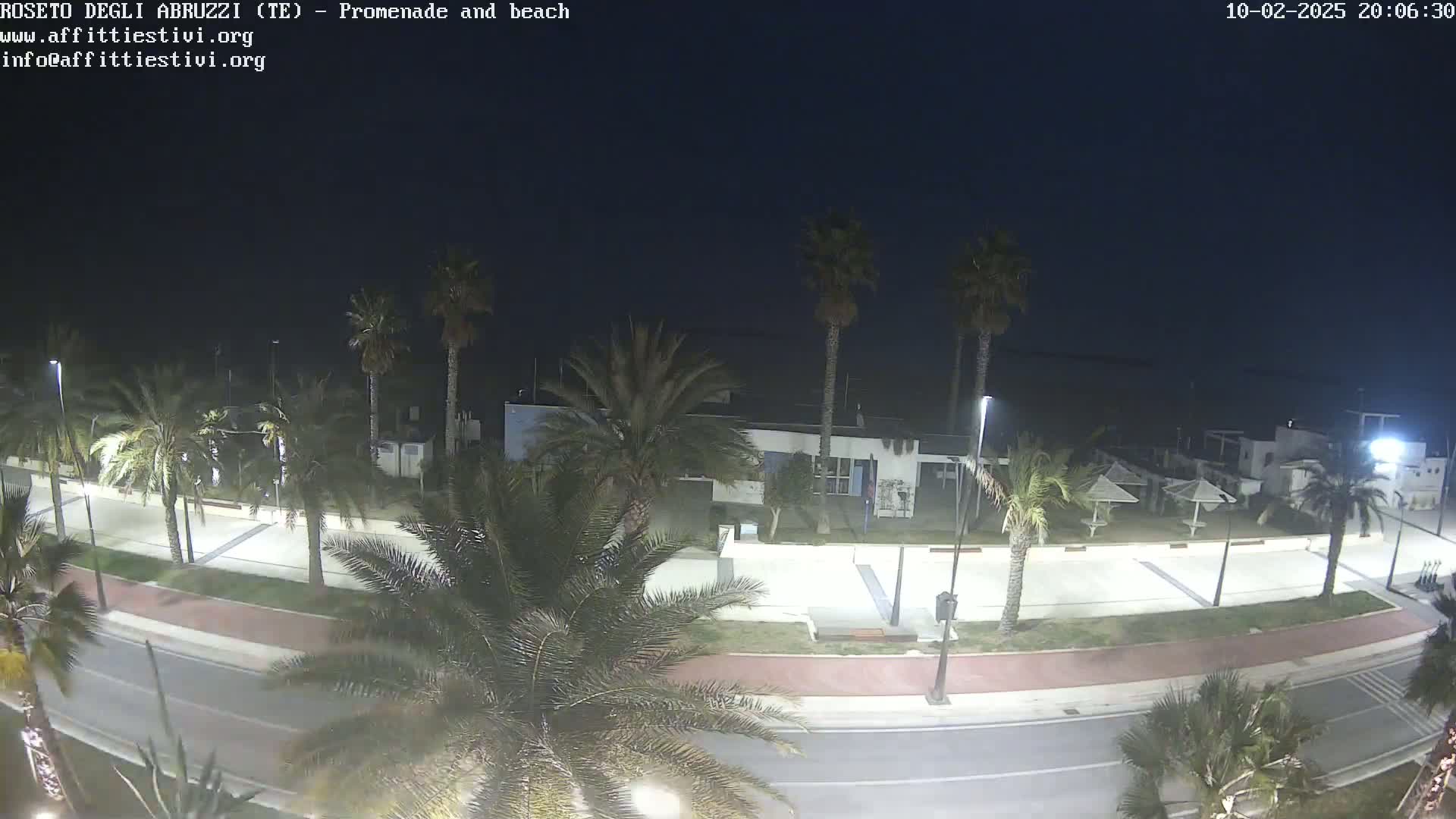 A nighttime view of a seaside promenade lined with palm trees, featuring a road, a walkway, and beach umbrellas near a building under a dark sky.