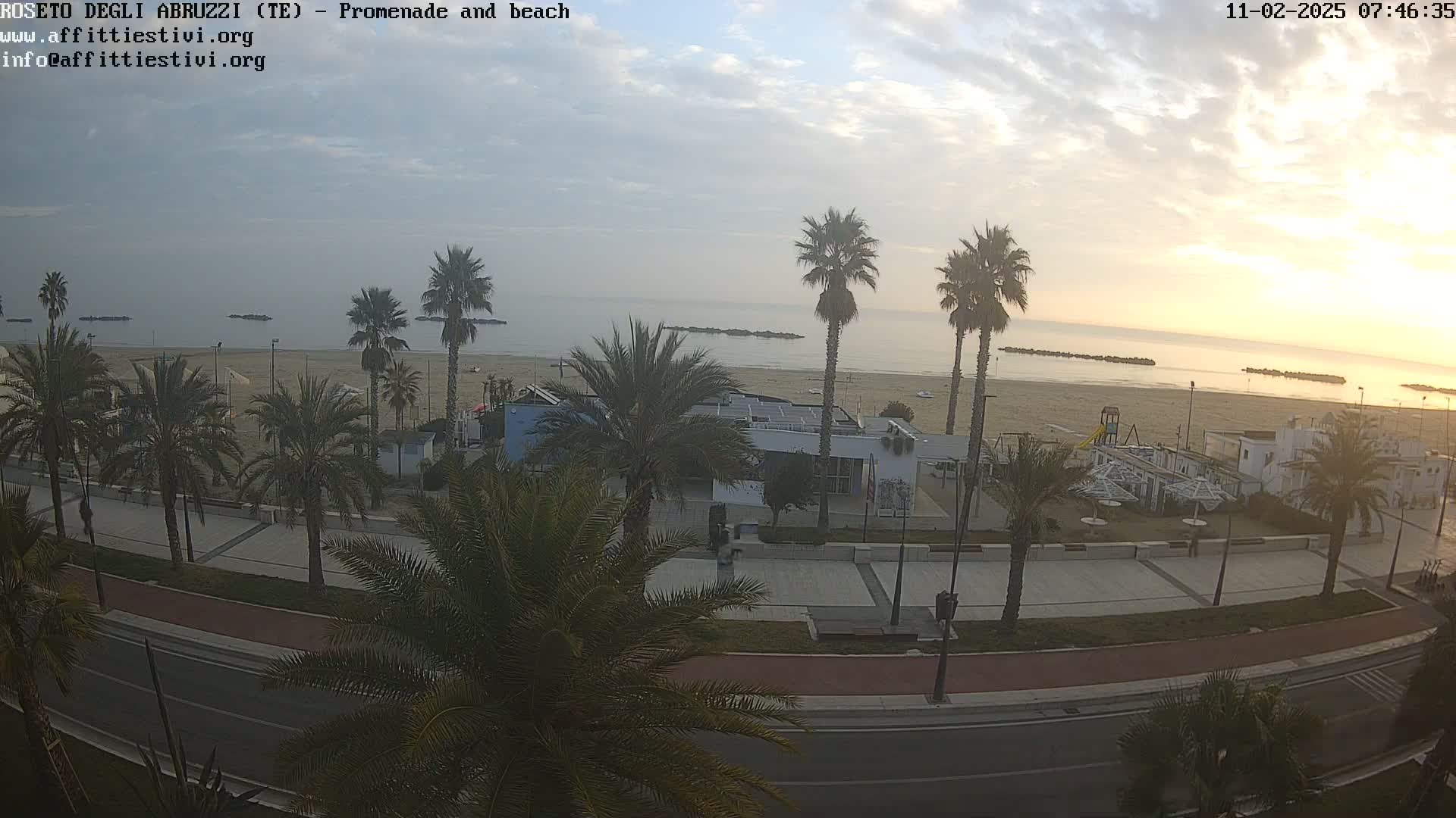 A beachfront promenade lined with palm trees overlooks a calm sea under a partly cloudy sky at sunrise.