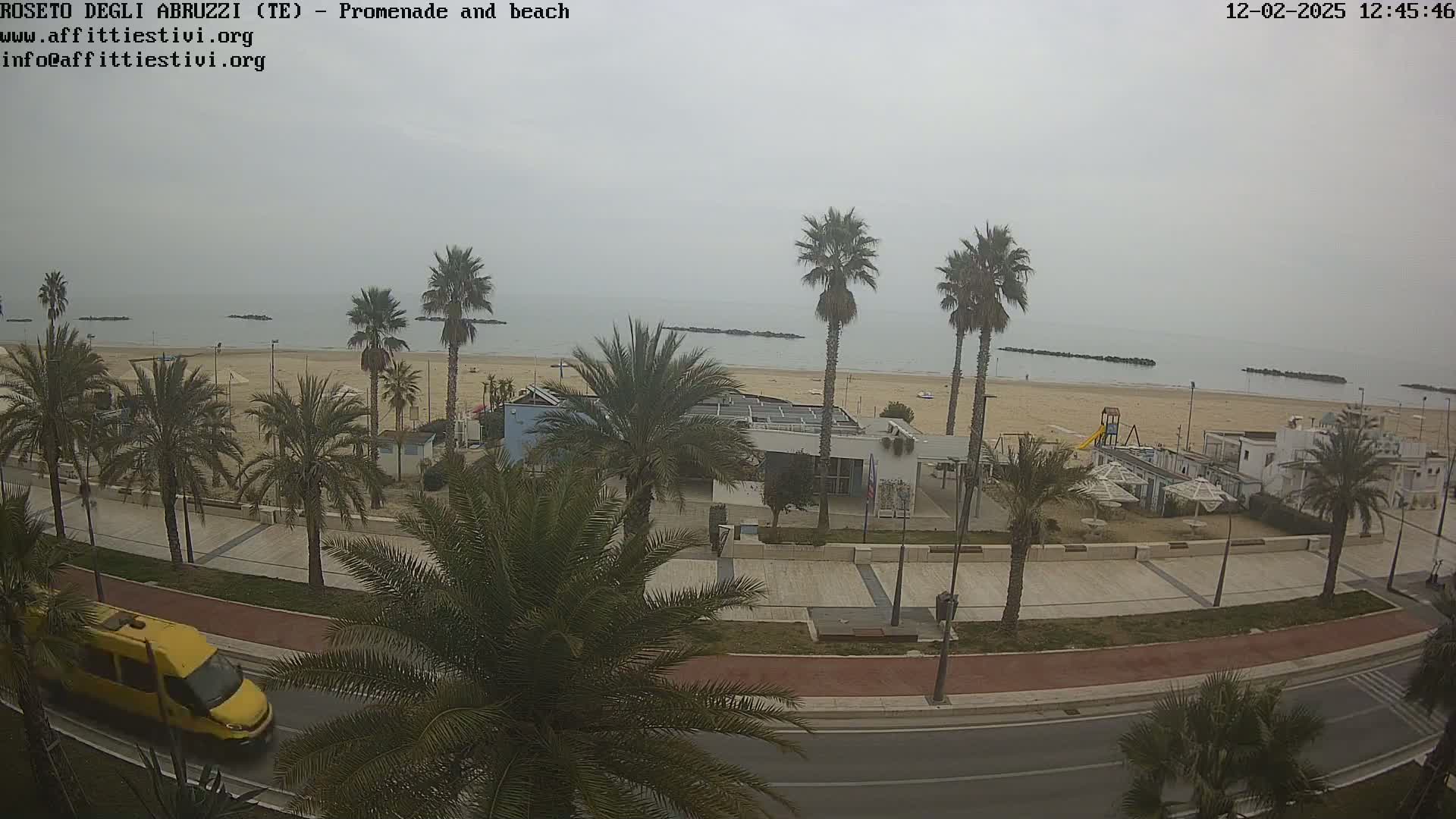 A yellow van drives along a seaside promenade lined with palm trees, overlooking a sandy beach and calm, gray sea under an overcast sky.