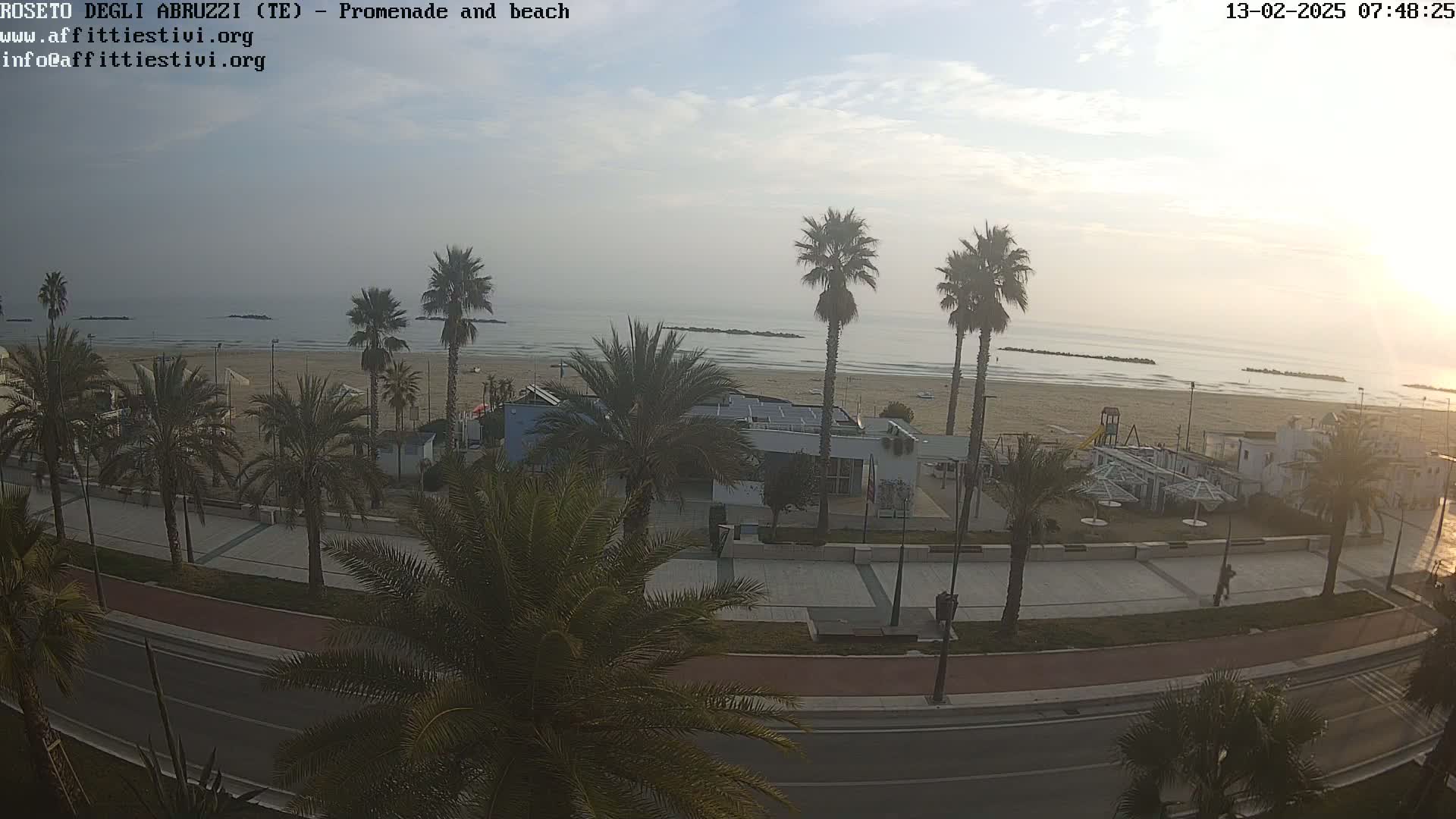 A mostly sunny morning scene overlooking a beach with palm trees lining a promenade and road.