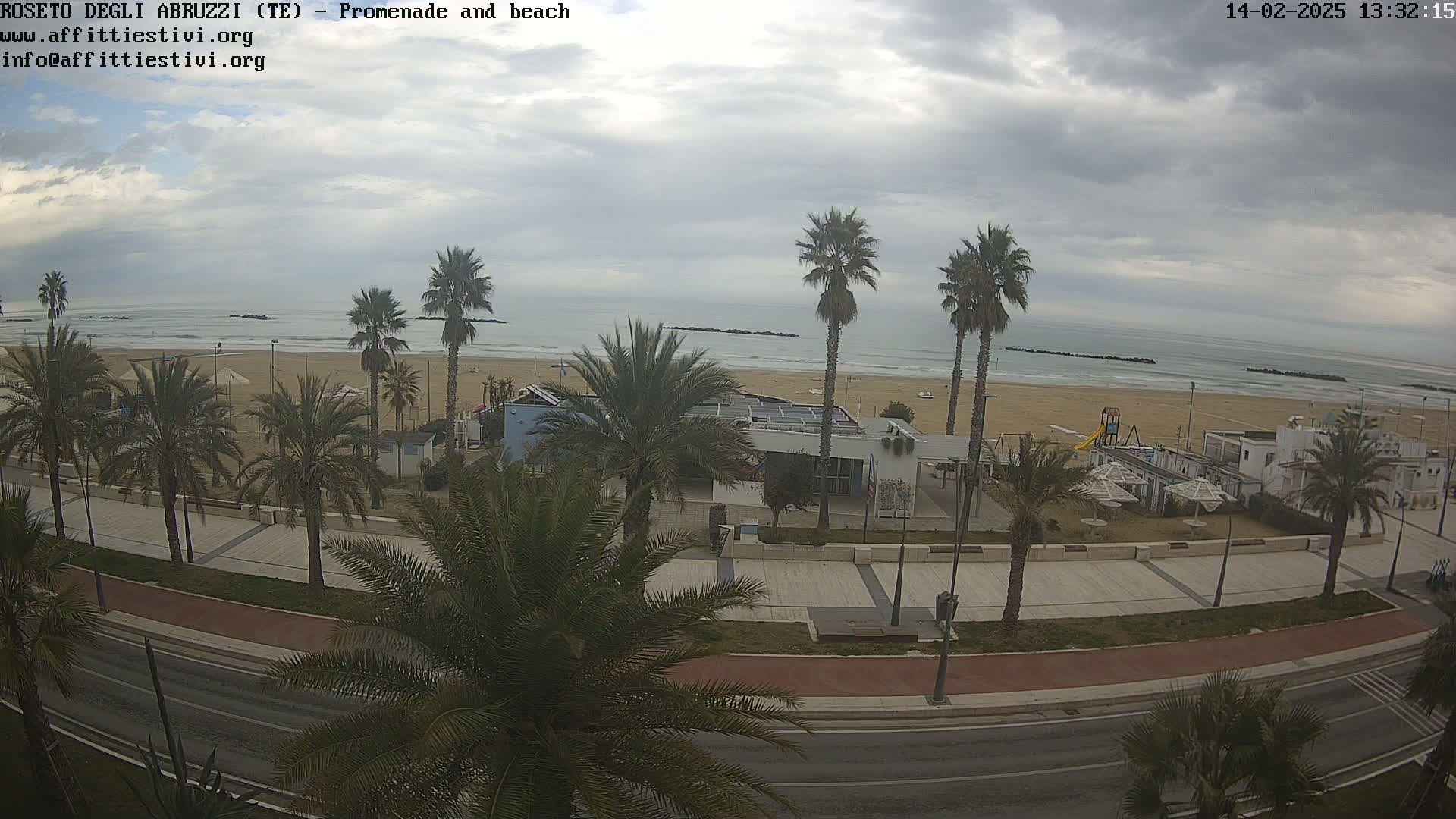 A beach with calm waves and overcast skies is viewed from above a promenade lined with palm trees and a road.