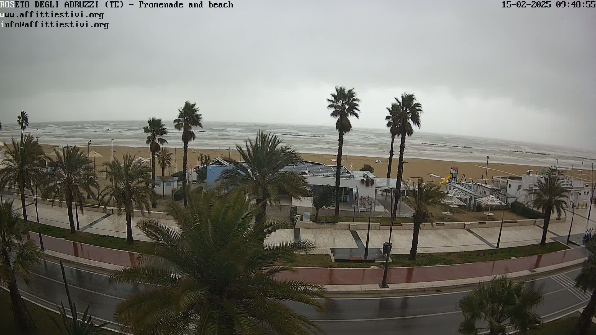 A rain-swept beach scene shows a promenade lined with palm trees, a wet road, and a stormy ocean with choppy waves.