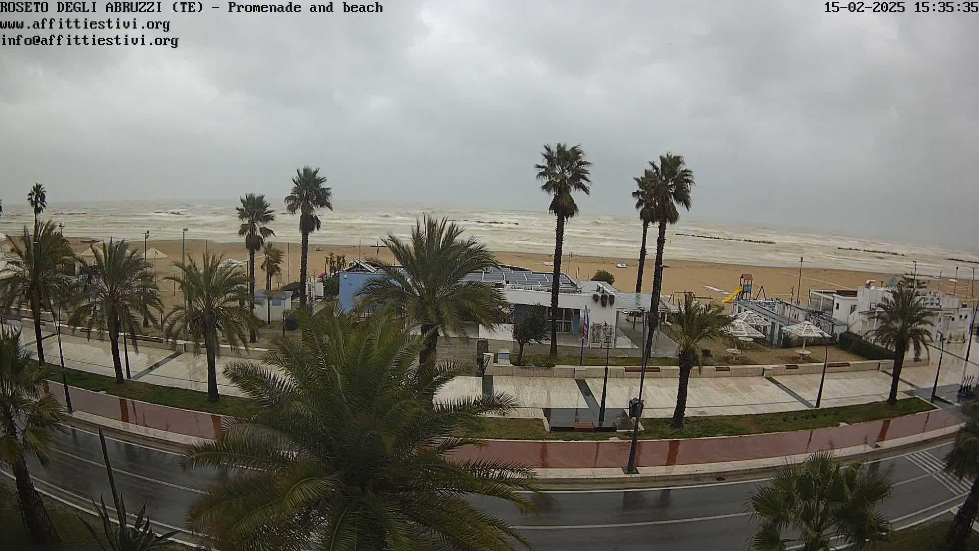 A wet road and promenade lined with palm trees overlooks a beach with choppy waves under a cloudy sky.