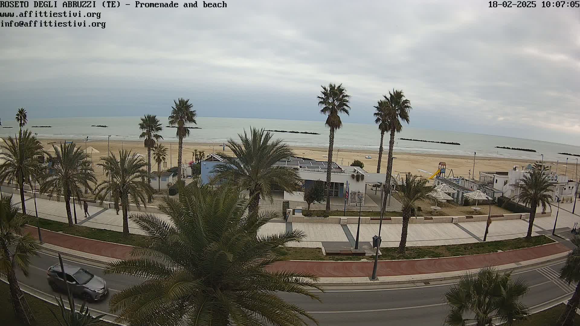 A beach with calm, gray-sky weather is seen from above, showing a promenade lined with palm trees, a road, and a few buildings.