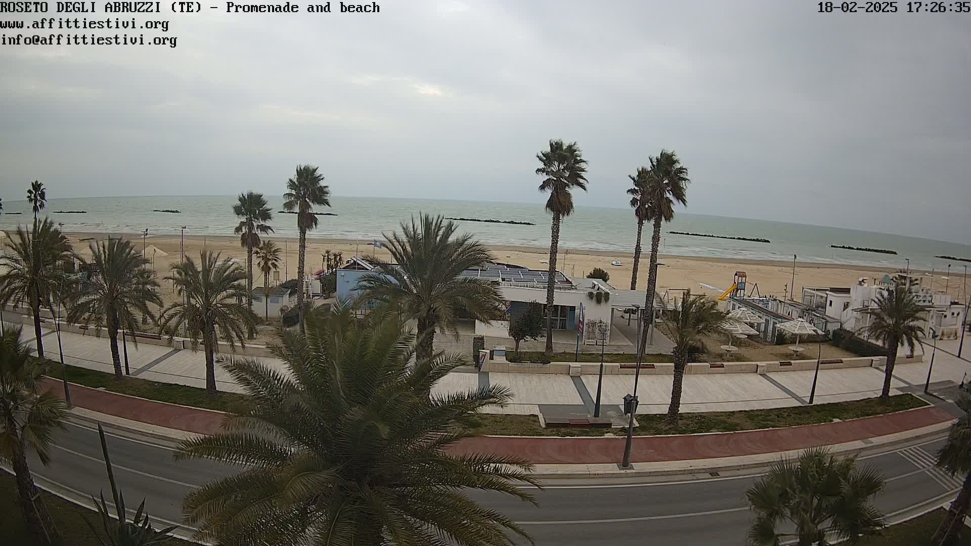 A beachfront promenade with palm trees lines a road next to a sandy beach and calm ocean under an overcast sky.