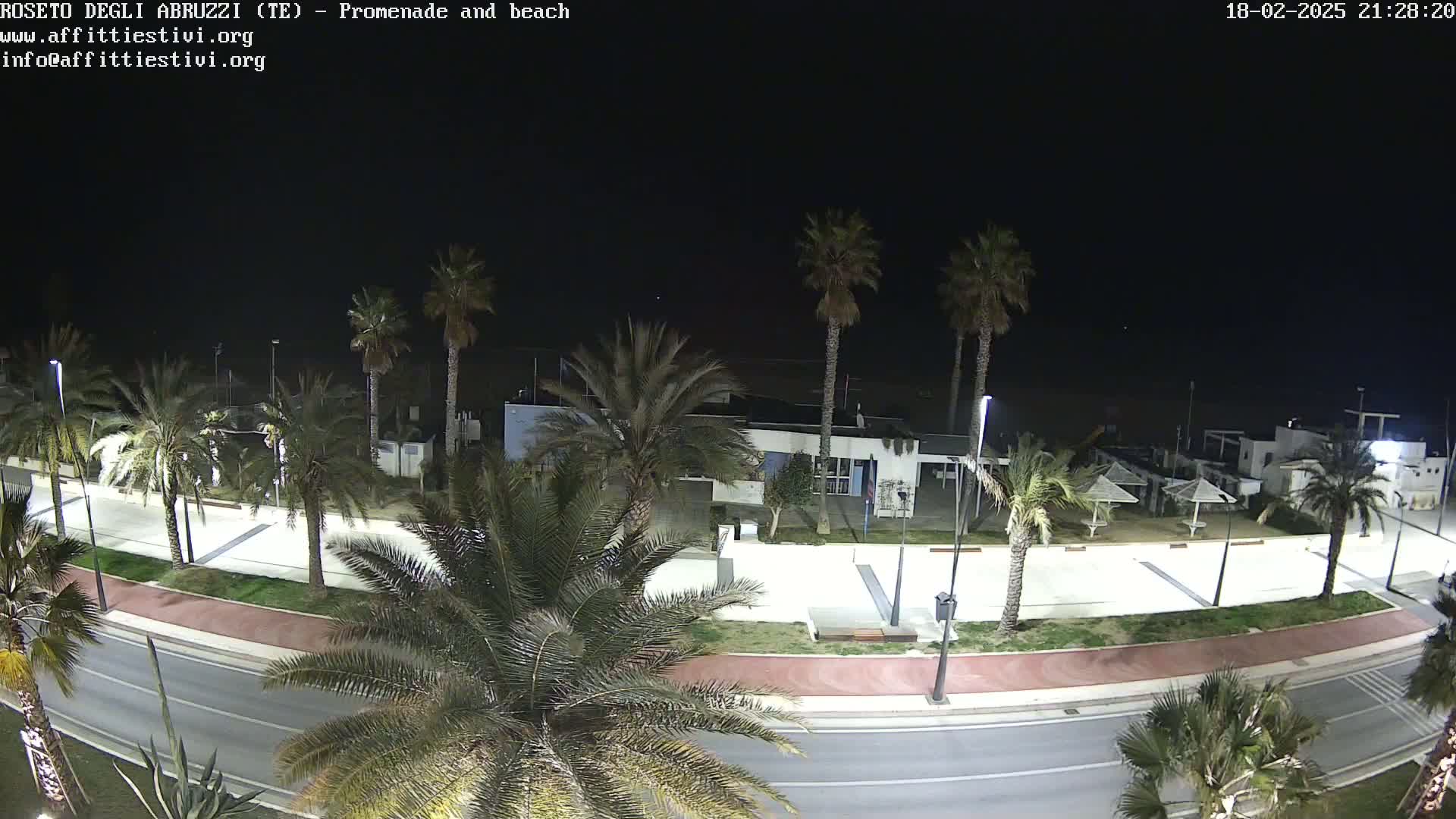 A nighttime view of a palm tree-lined promenade and beach, with a building and some outdoor furniture visible.