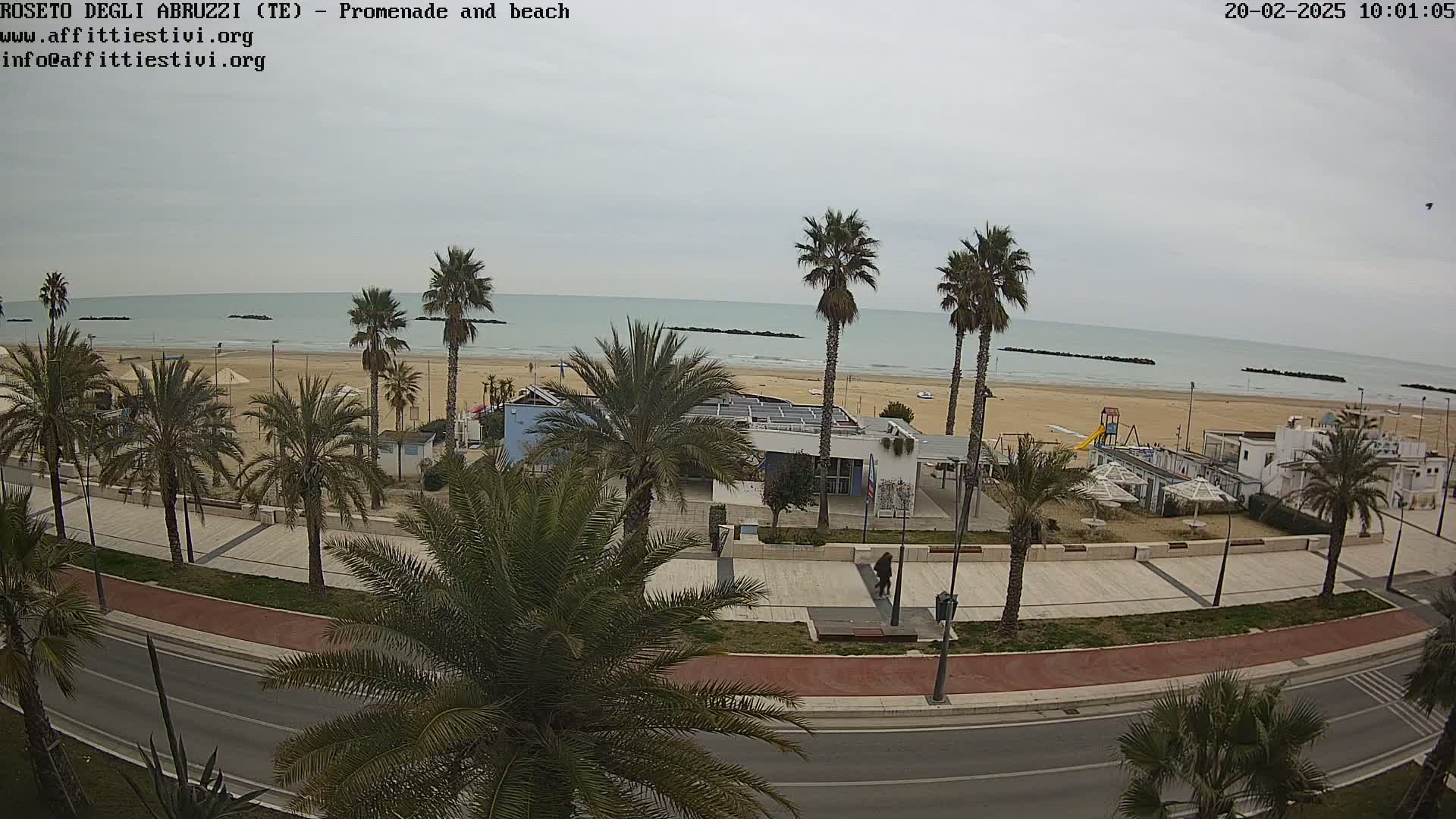 A beach scene on an overcast day shows a sandy beach with calm water, palm trees lining a paved promenade and road, and a few beach buildings and playground equipment.