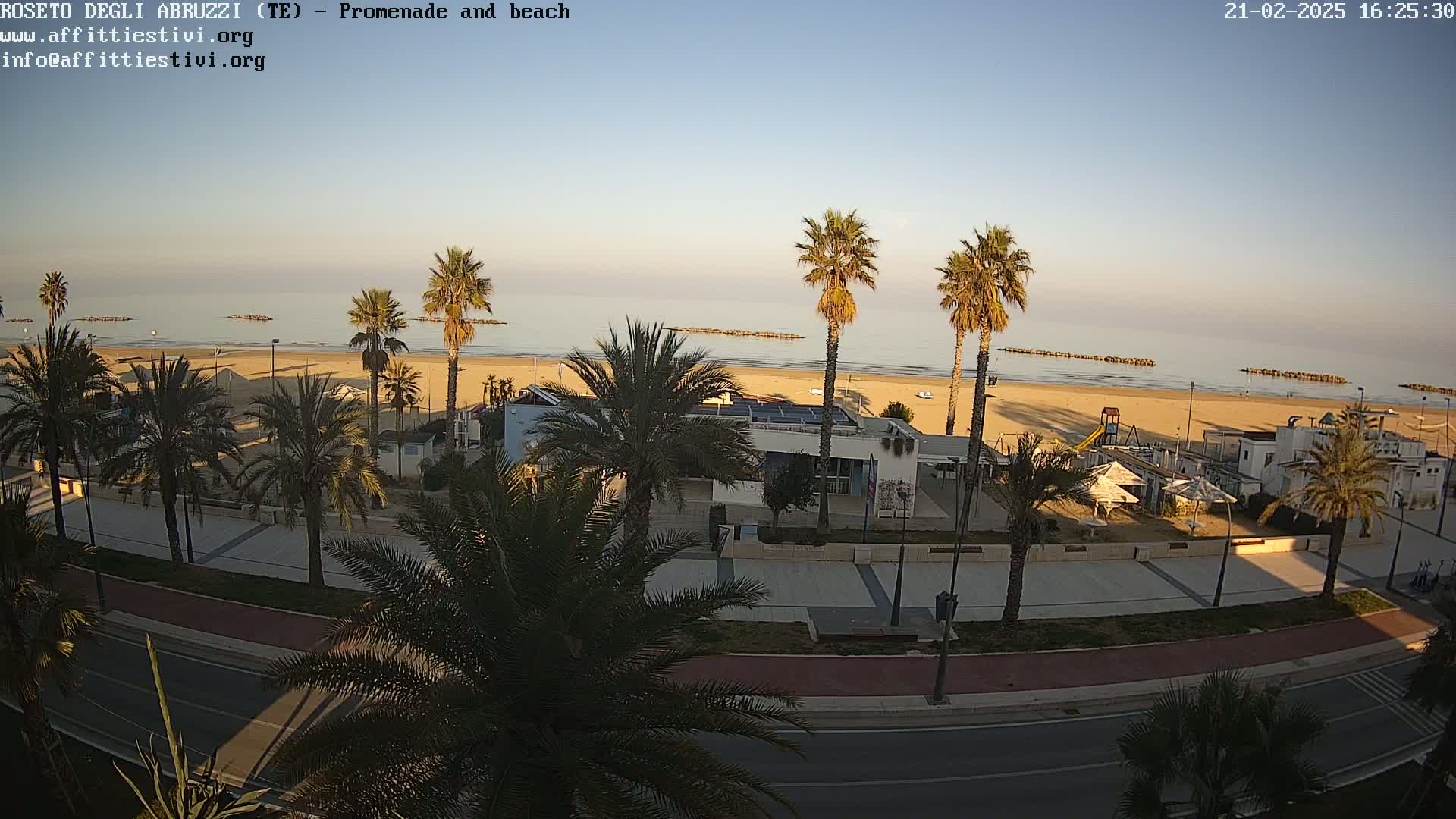 A beach scene at sunrise shows palm trees lining a paved promenade next to a sandy beach and calm ocean.