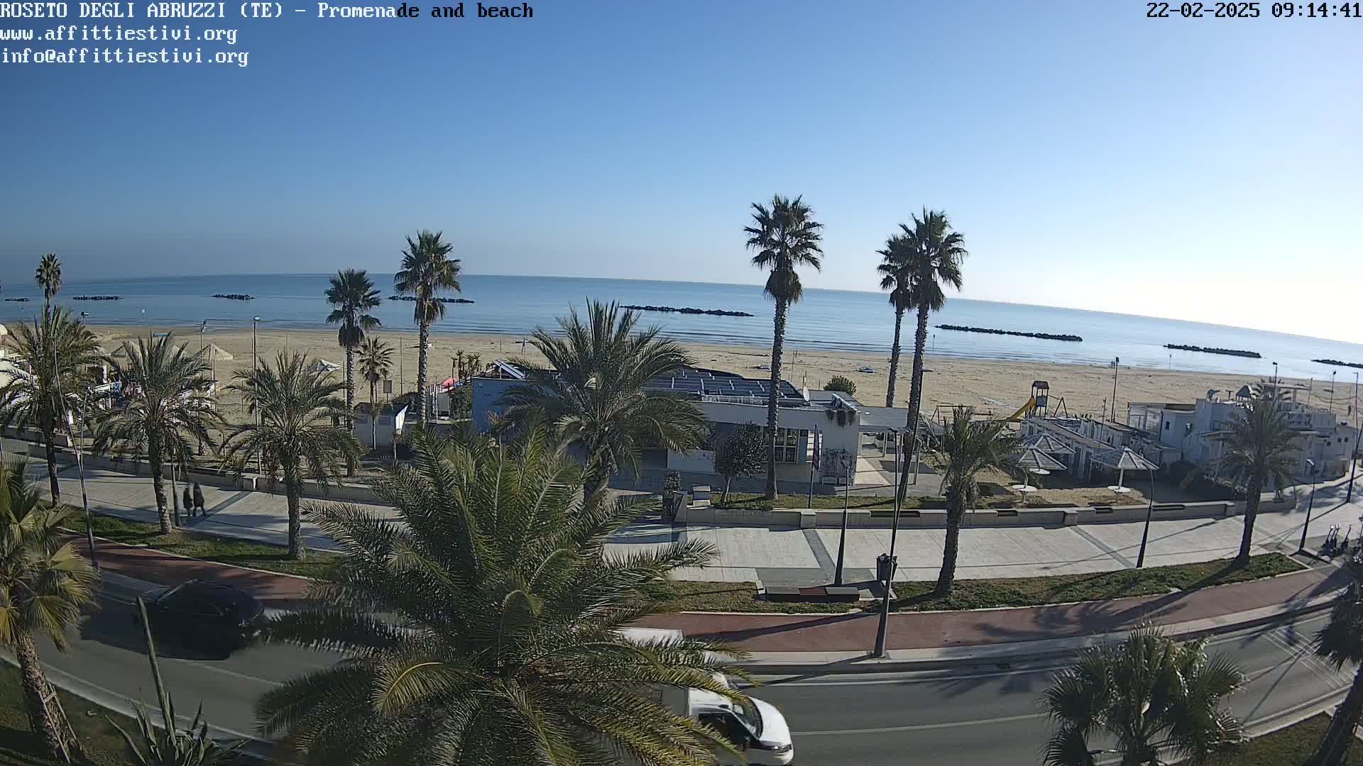 A sunny day overlooking a beach with palm trees lining a promenade and a road.