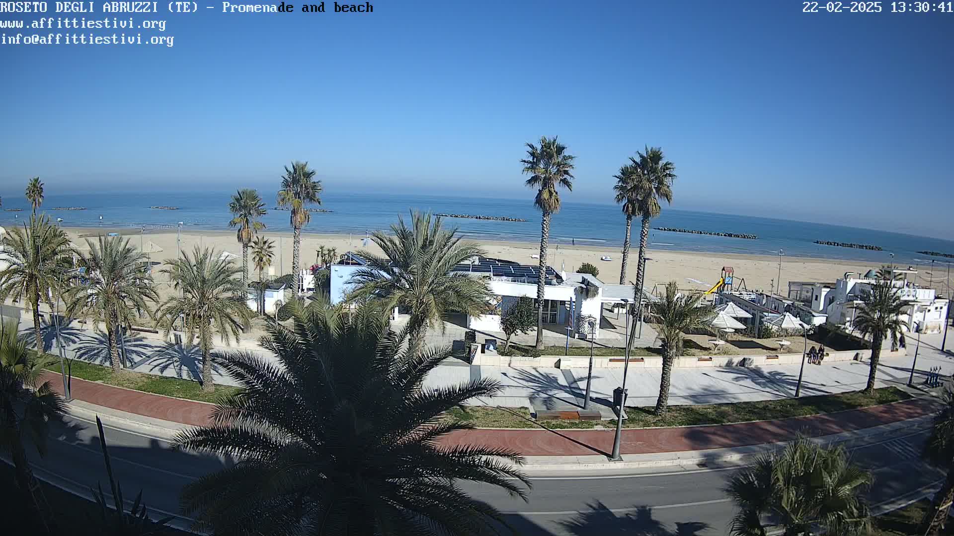 A sunny day overlooking a beach with palm trees lining a paved promenade and beachfront buildings.