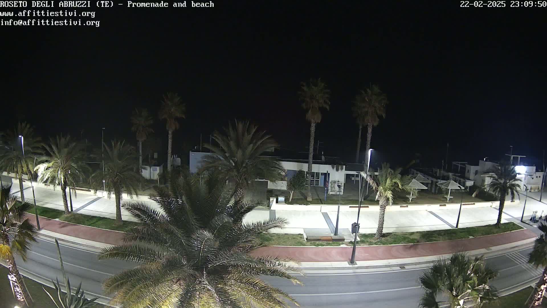 A nighttime view of a palm tree-lined promenade and beach, with a building and several beach umbrellas visible.