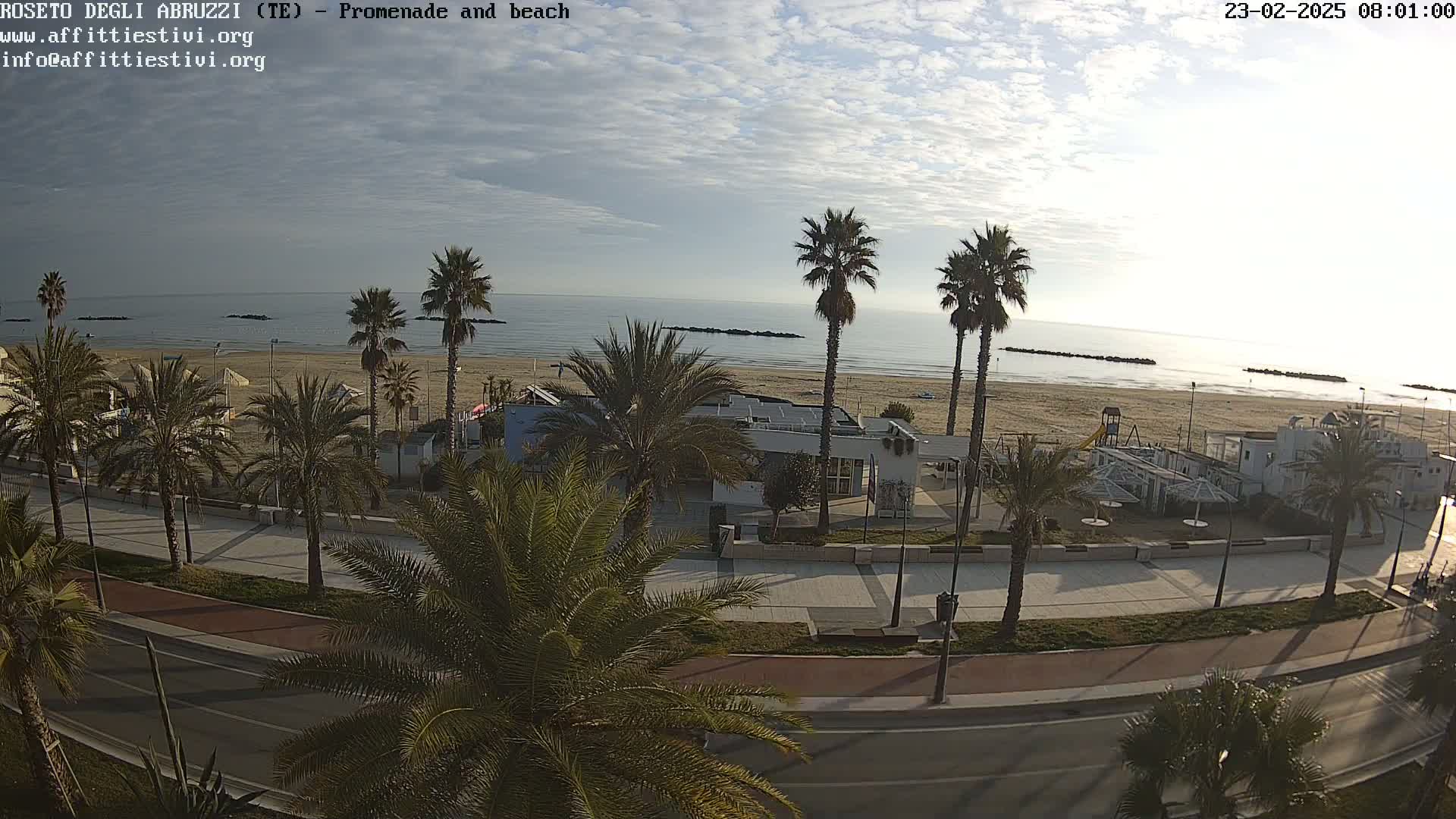 A mostly sunny day reveals a beach with palm trees lining a promenade and road, next to a calm sea.
