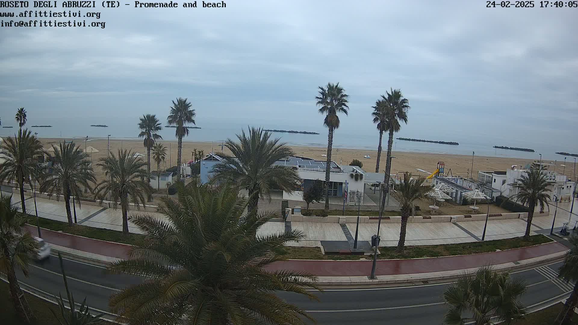 A seaside promenade with palm trees, a beach, and calm, overcast weather is viewed from above.
