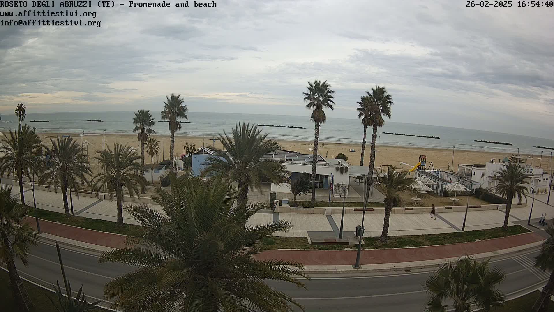 A beach with calm, overcast skies is visible from above, showing palm trees lining a paved promenade next to a sandy shore with some beach buildings.