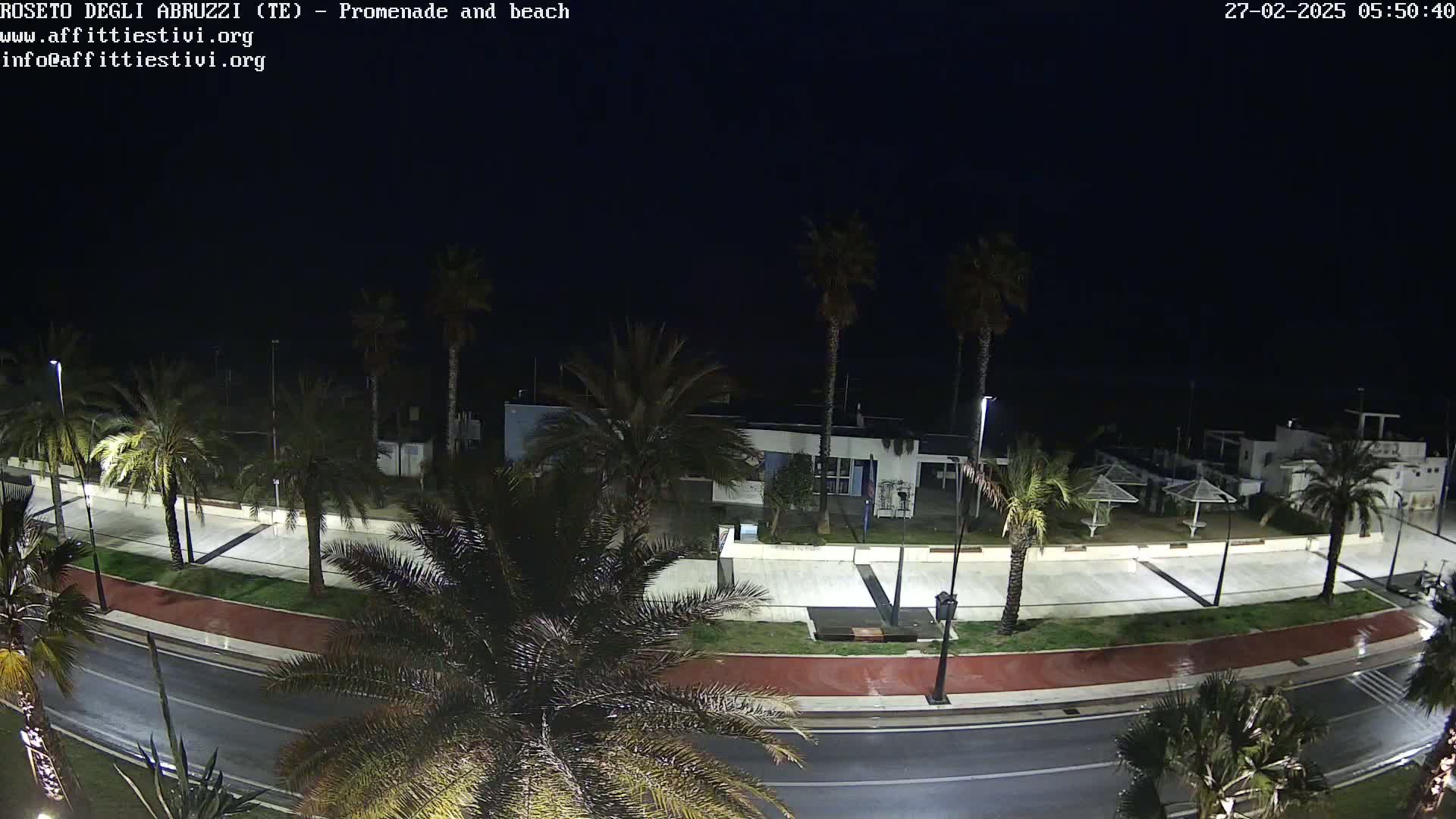 A wet nighttime street scene shows a promenade lined with palm trees next to a beach, under a dark sky.