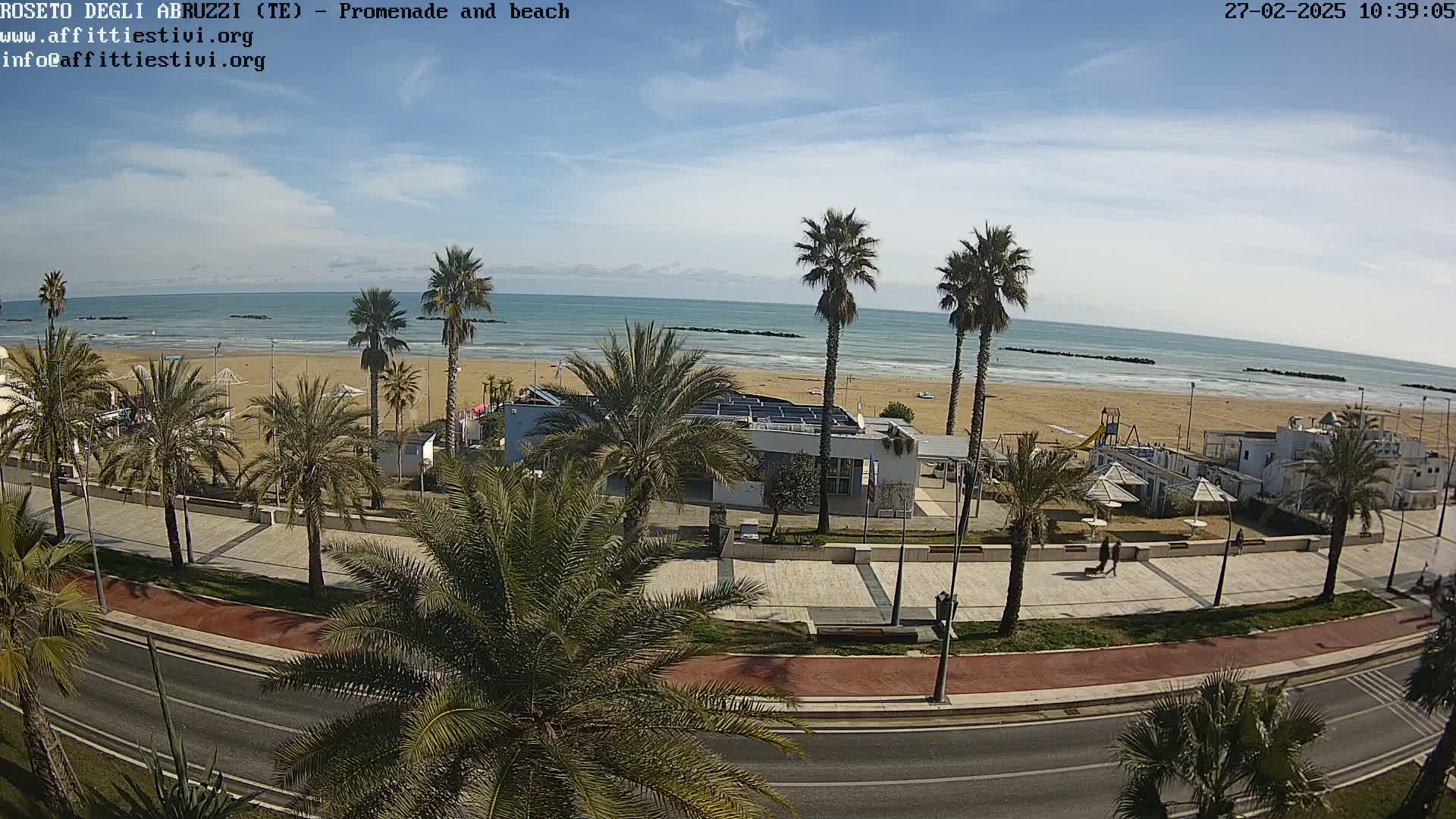 A mostly sunny day shows a beach with palm trees lining a paved promenade and road, overlooking a calm ocean.