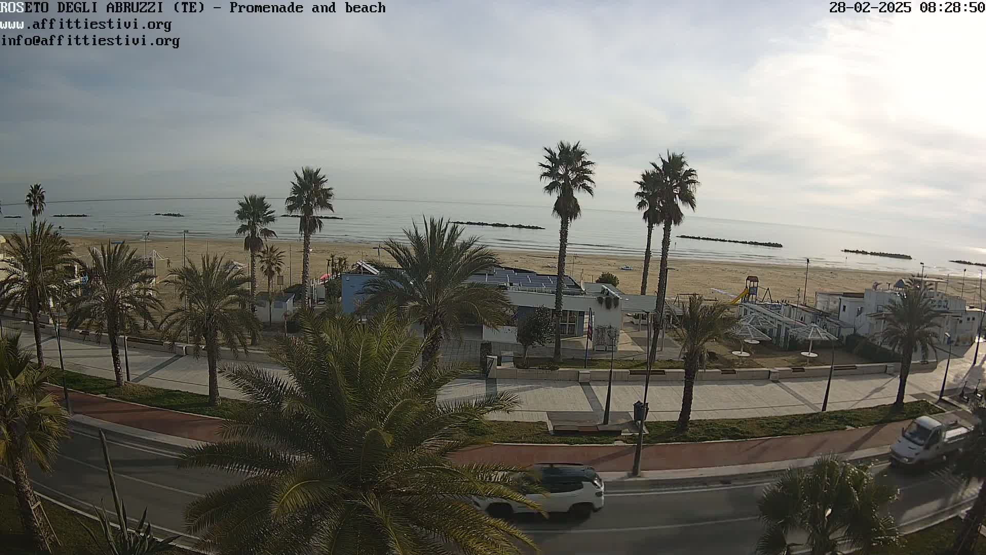 A mostly sunny day at a beach promenade shows palm trees lining a road next to a sandy beach with calm ocean waves.