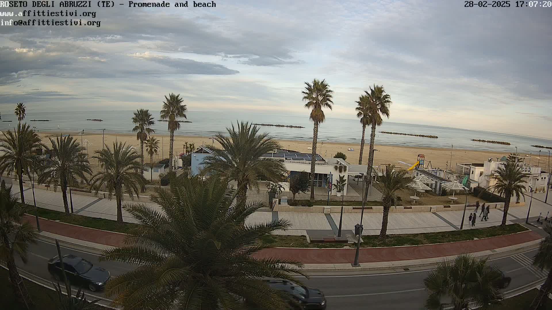 A mostly cloudy day overlooks a beach with palm trees lining a promenade and road, with a few people walking along the beachfront.