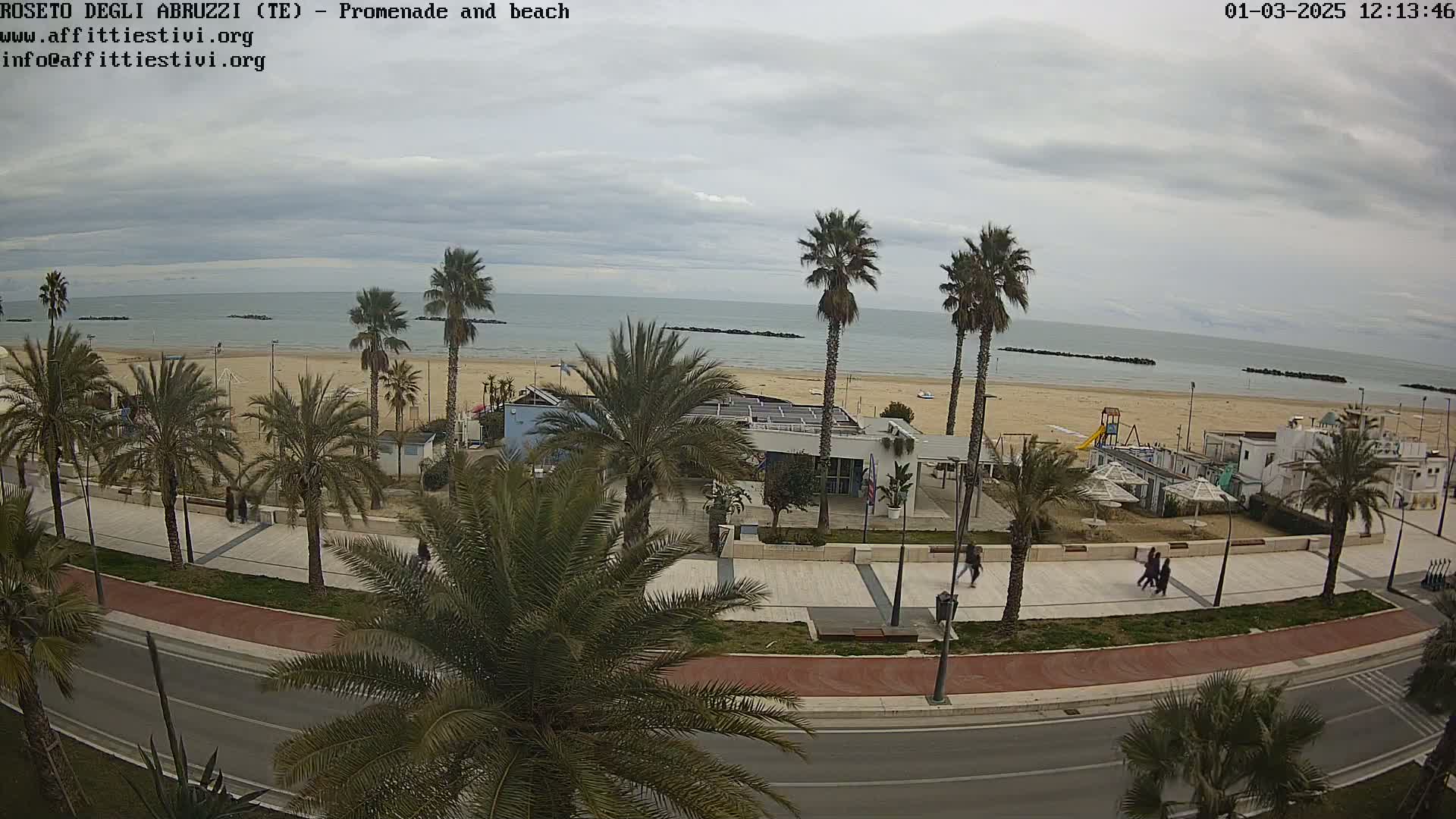 A beachside promenade with palm trees lines a road overlooking a sandy beach and calm sea under an overcast sky.