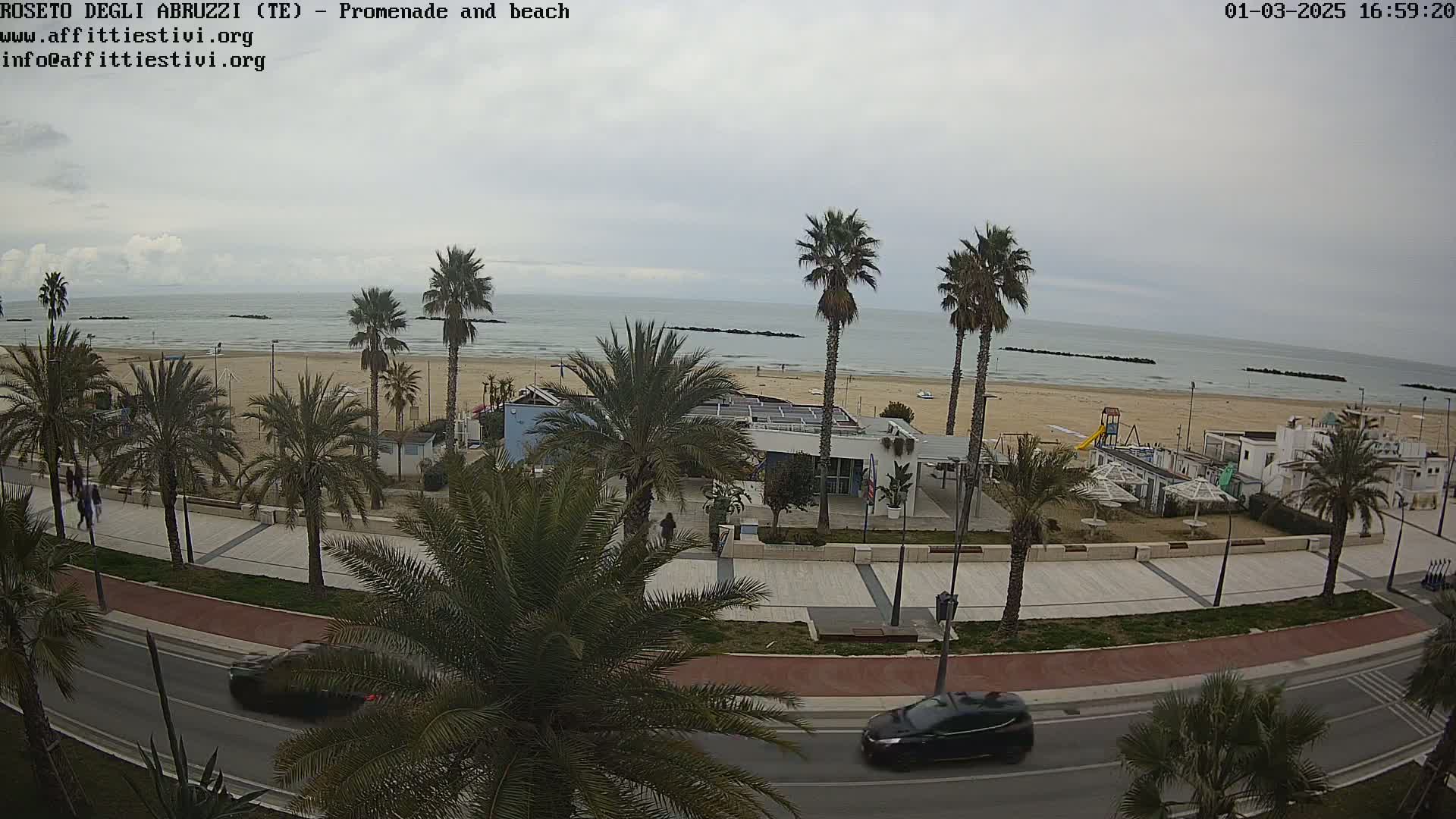 A beach with palm trees and a promenade is visible, along with cars on a road and a calm, overcast day.