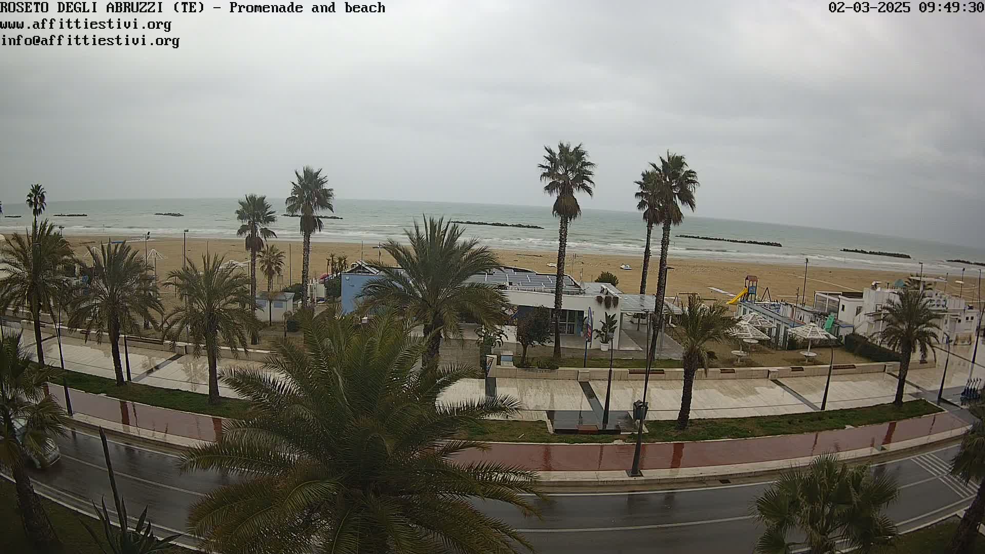 A wet, overcast day at a beachside promenade, featuring palm trees lining a road next to a sandy beach and calm ocean.