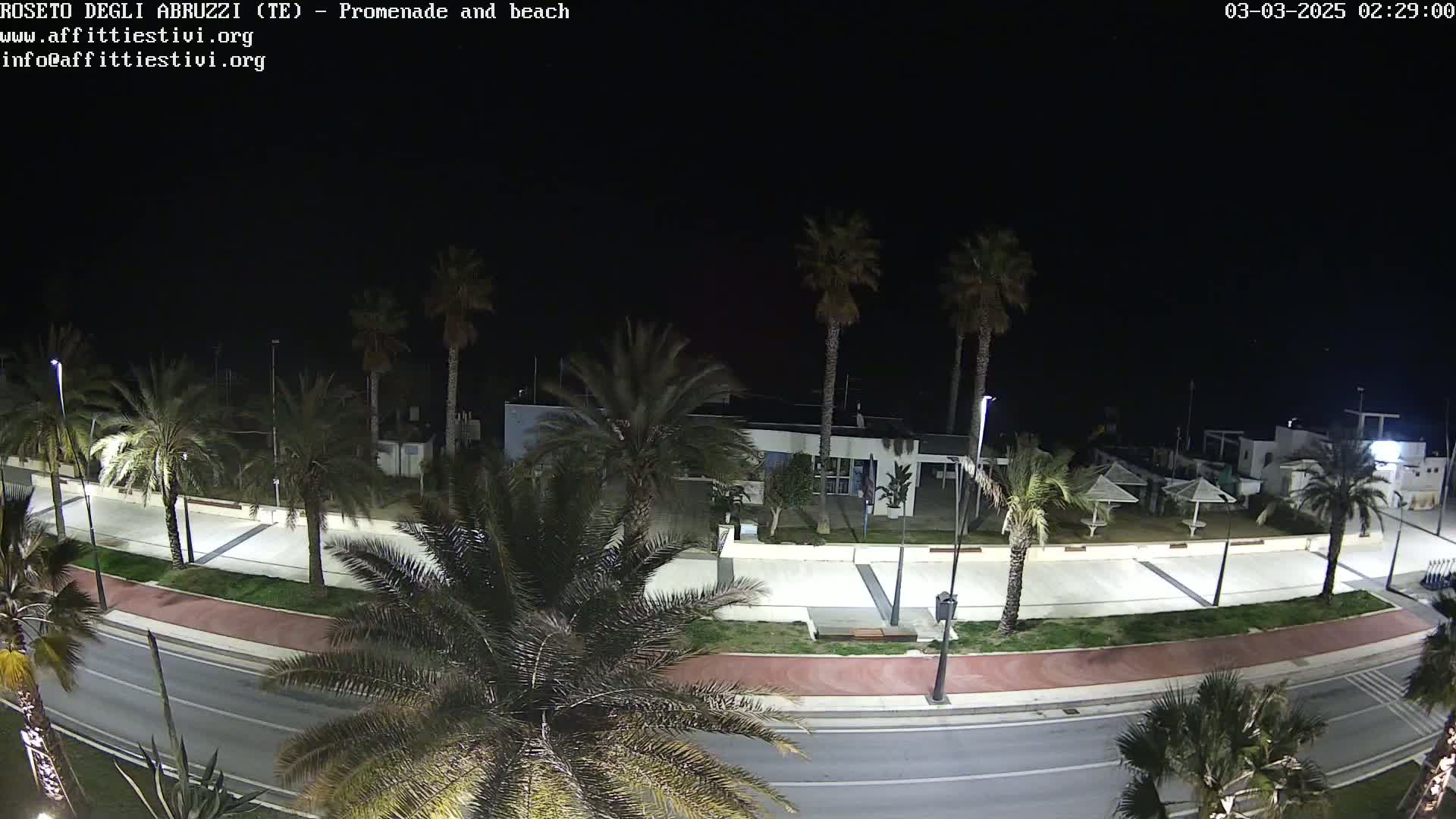 A nighttime, overhead view of a palm tree-lined promenade and beach, with a building and beach umbrellas visible in the background.