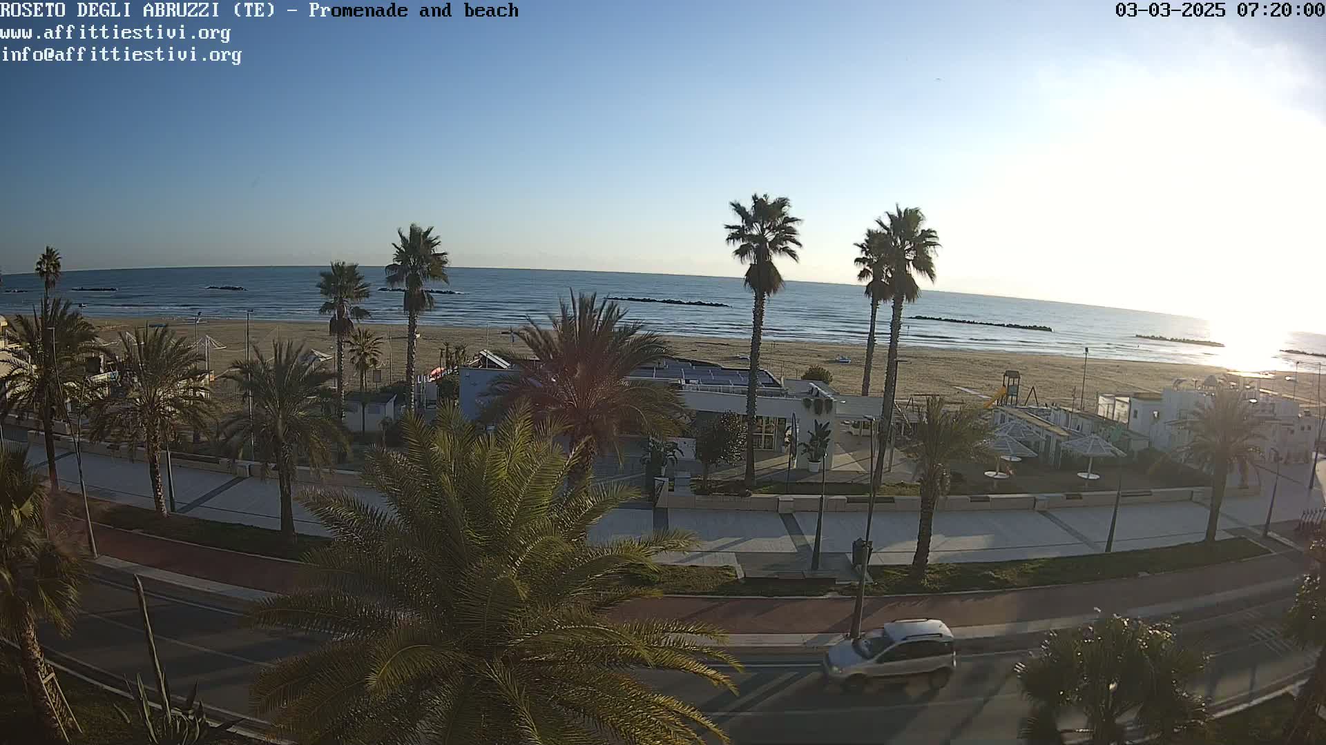A sandy beach with palm trees lines a paved promenade, with a car driving along a road next to it, all under a clear, sunny sky.