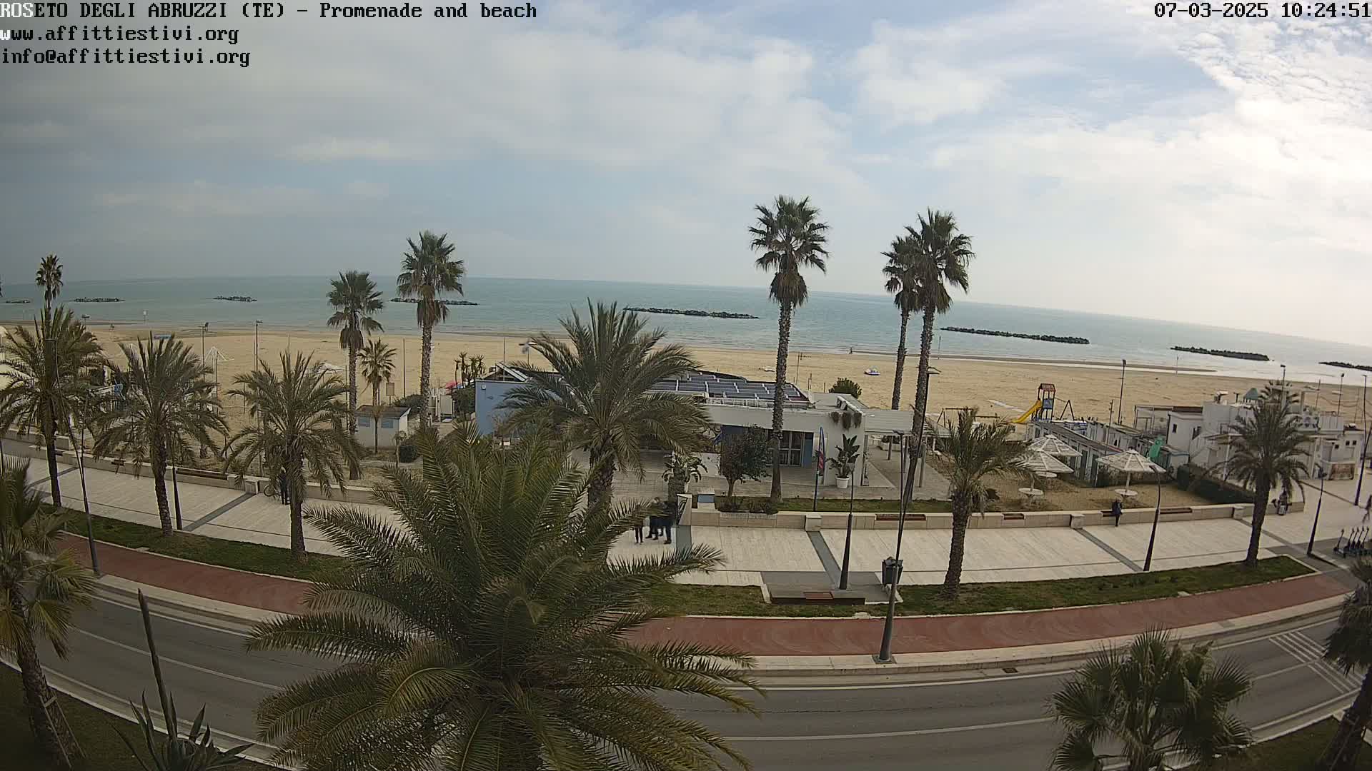 A beach with palm trees lining a paved promenade and a road, under a partly cloudy sky.