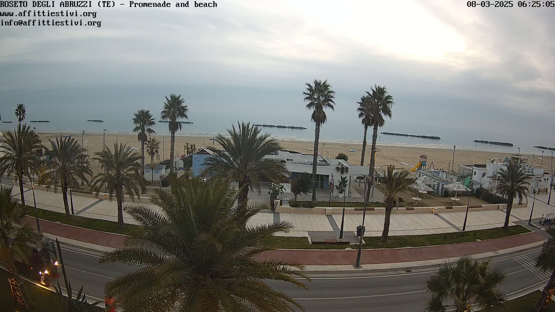 A mostly cloudy day overlooks a sandy beach, promenade, and palm trees lining a road.