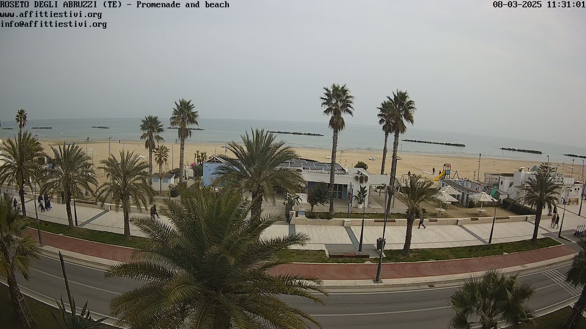 A beach with calm, gray water is seen from an elevated vantage point, showing a promenade lined with palm trees, a road, and a few people walking.