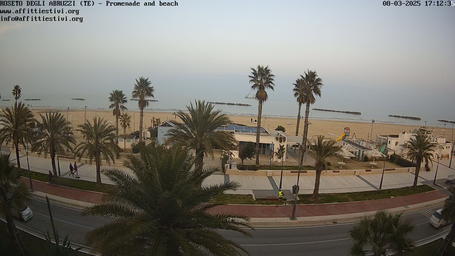 A beach with calm water under an overcast sky is viewed from above, showing a promenade lined with palm trees, a roadway, and beachside buildings.