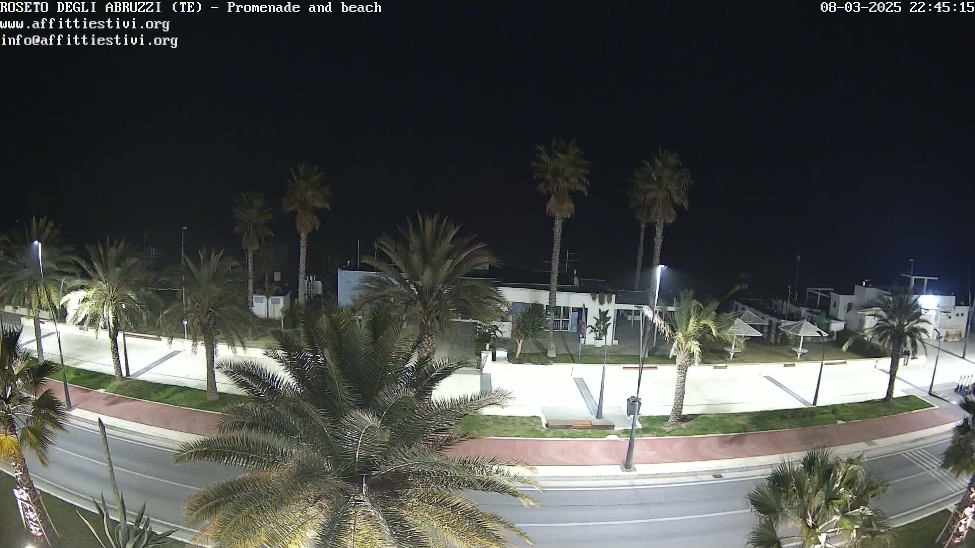 A nighttime view of a palm tree-lined promenade and beach, with a building and parking area visible.