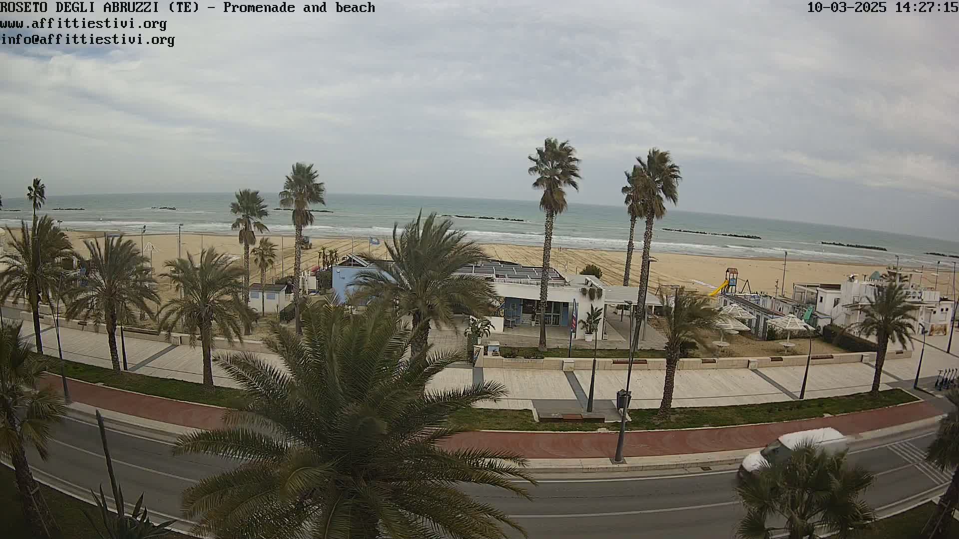 A beach with calm, grey-sky weather is shown, lined with palm trees and a promenade that includes a road and a bike path.