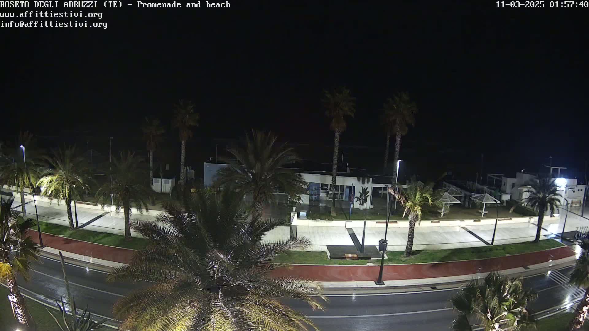 A nighttime view of a rain-slicked promenade and beach, lined with palm trees and featuring a few buildings and beach umbrellas.