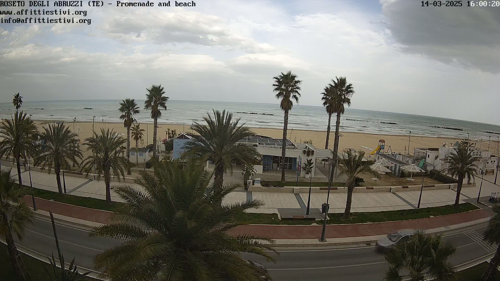 An overcast day at a beach promenade, featuring palm trees lining a paved walkway next to a sandy beach and calm ocean.