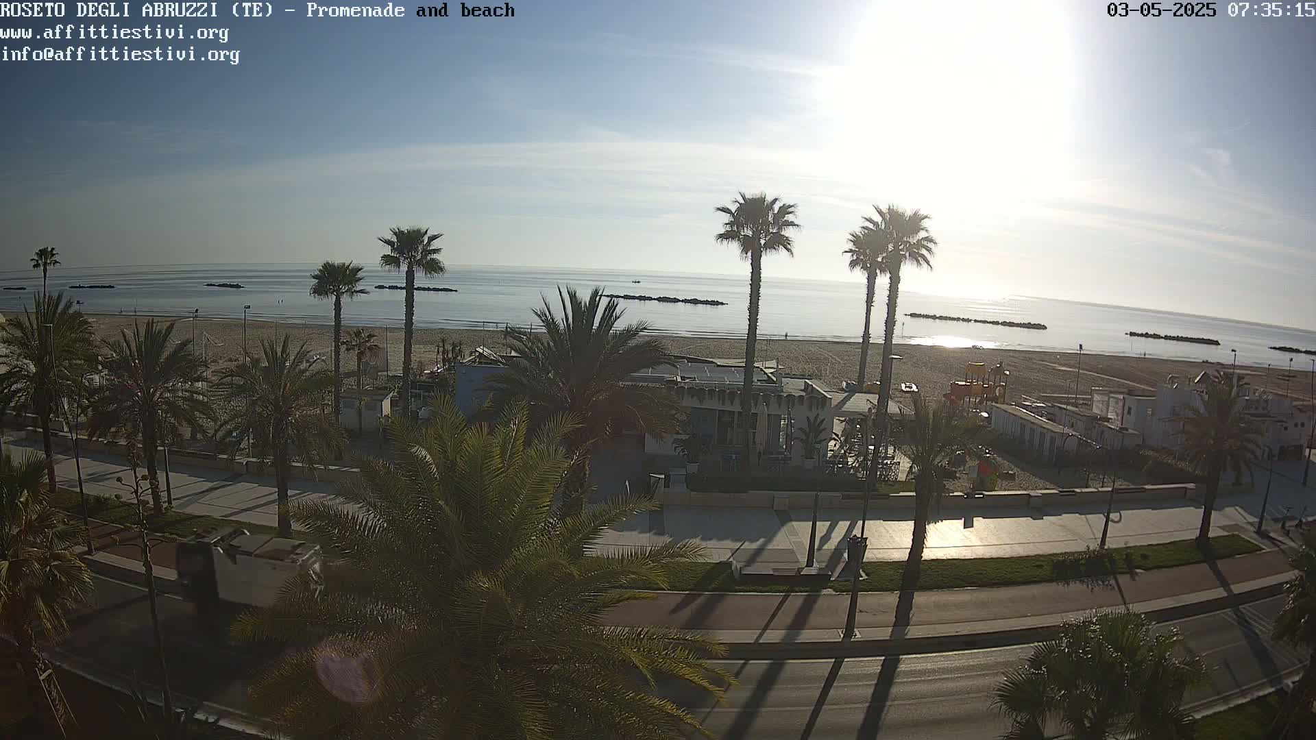 A sunny morning view of a beach with palm trees lining a promenade and a road.