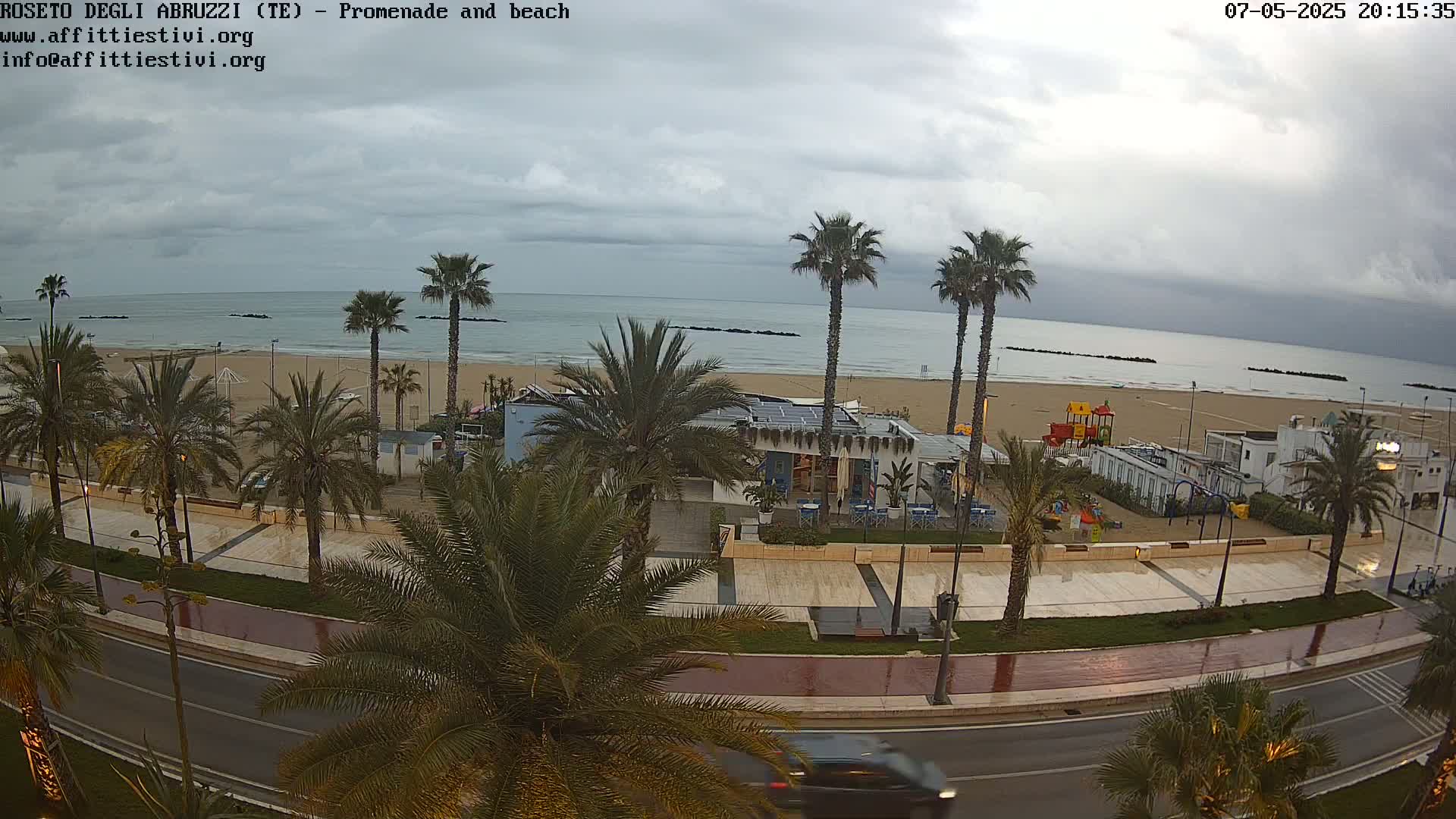 A wet seaside promenade lined with palm trees overlooks a sandy beach and calm ocean under a cloudy sky.