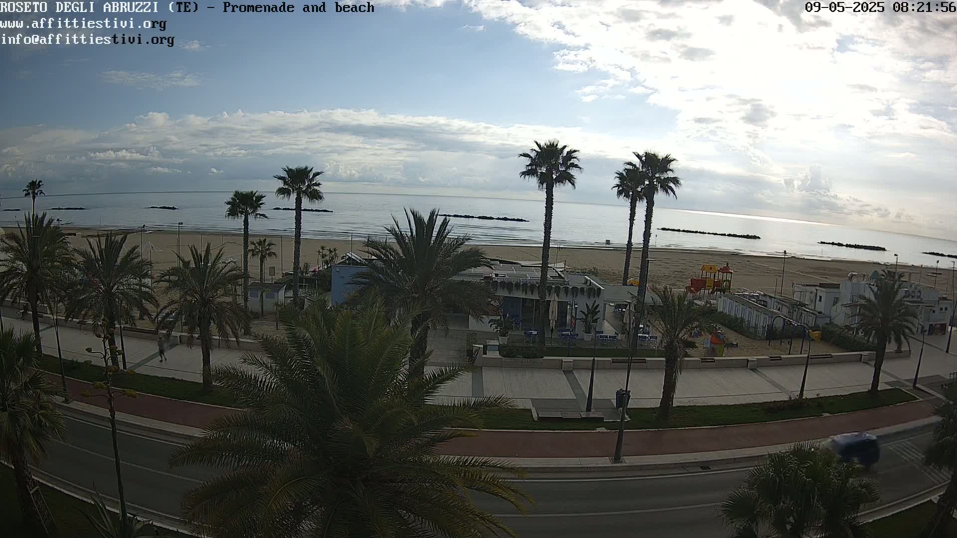 A mostly sunny day overlooking a beach promenade lined with palm trees, a calm ocean, and a playground.