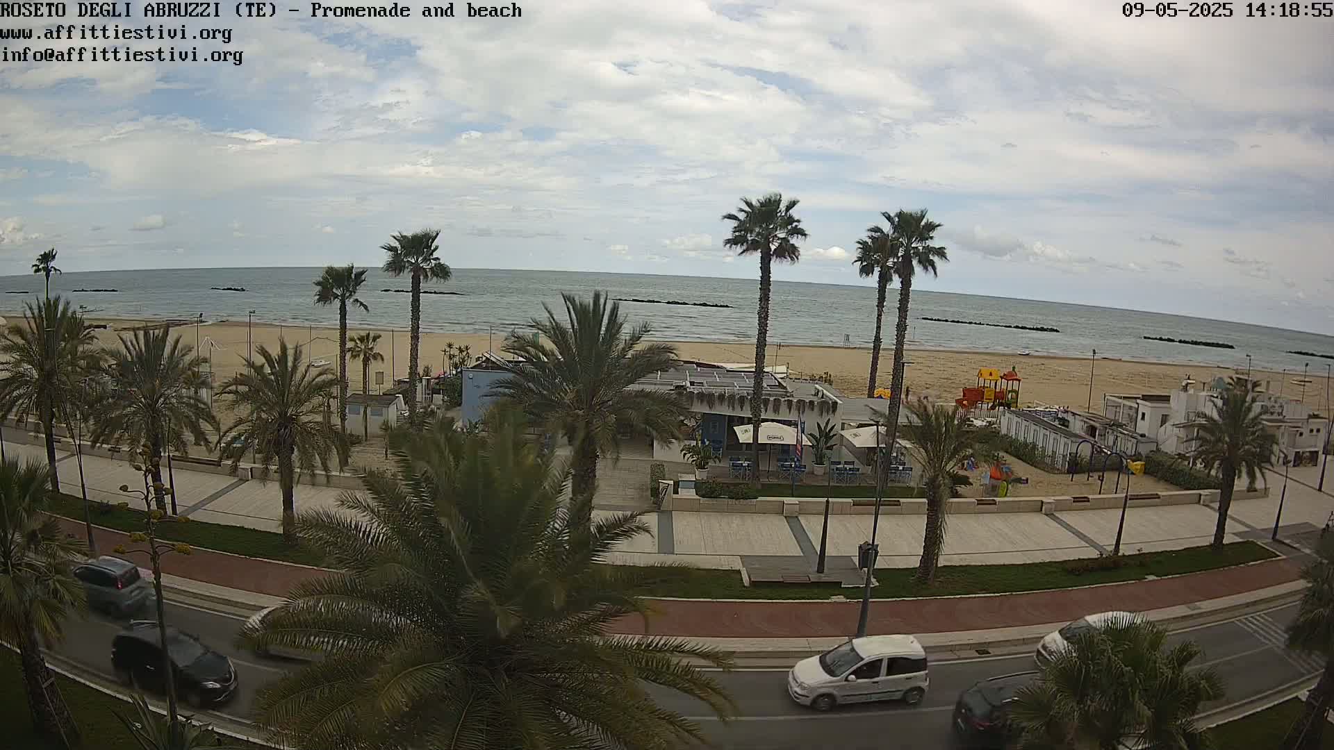 A seaside promenade with palm trees, a sandy beach, and a calm ocean under a partly cloudy sky.